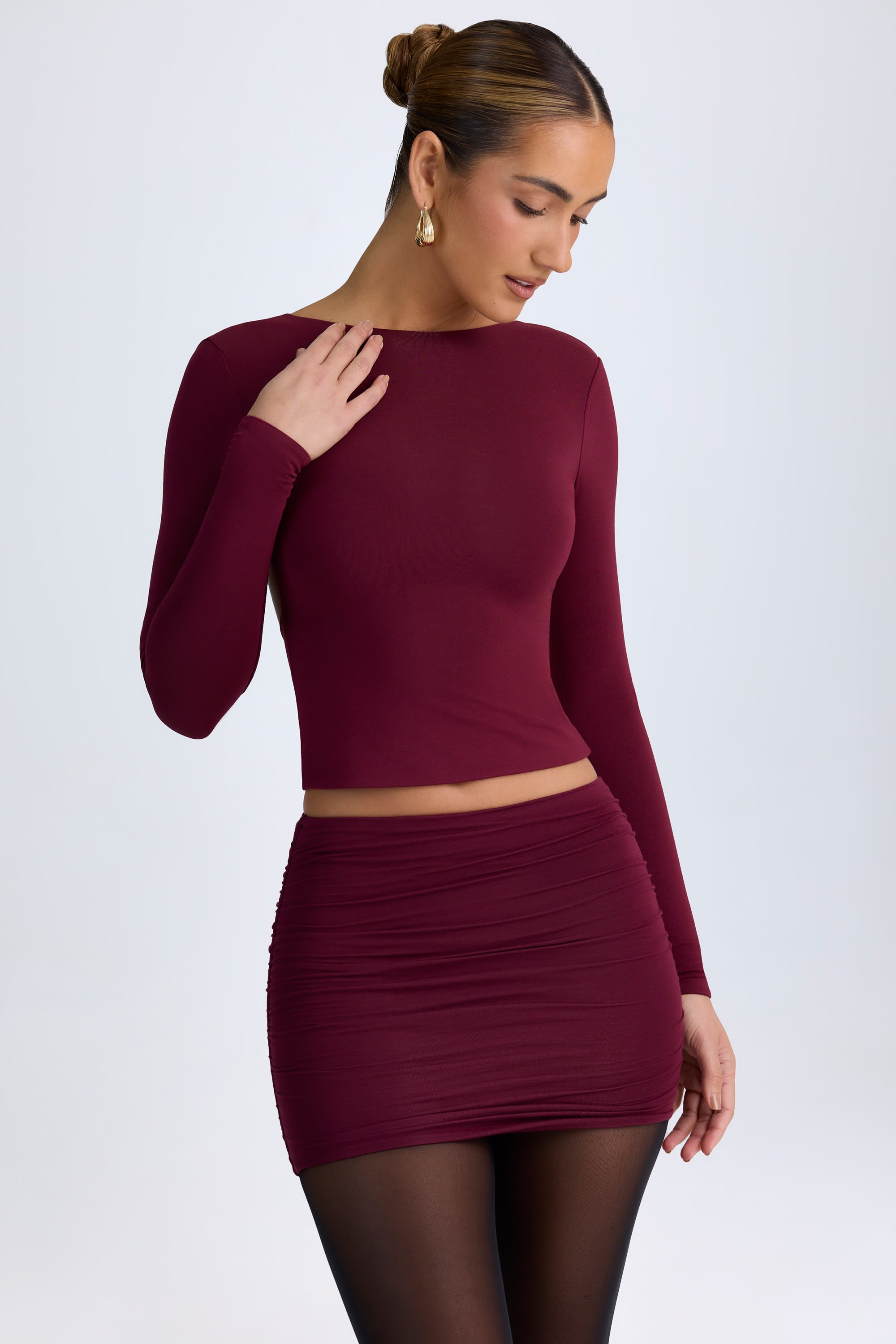Cali Modal Ruched Mid-Rise Mini Skirt in Wine Red - Image 6