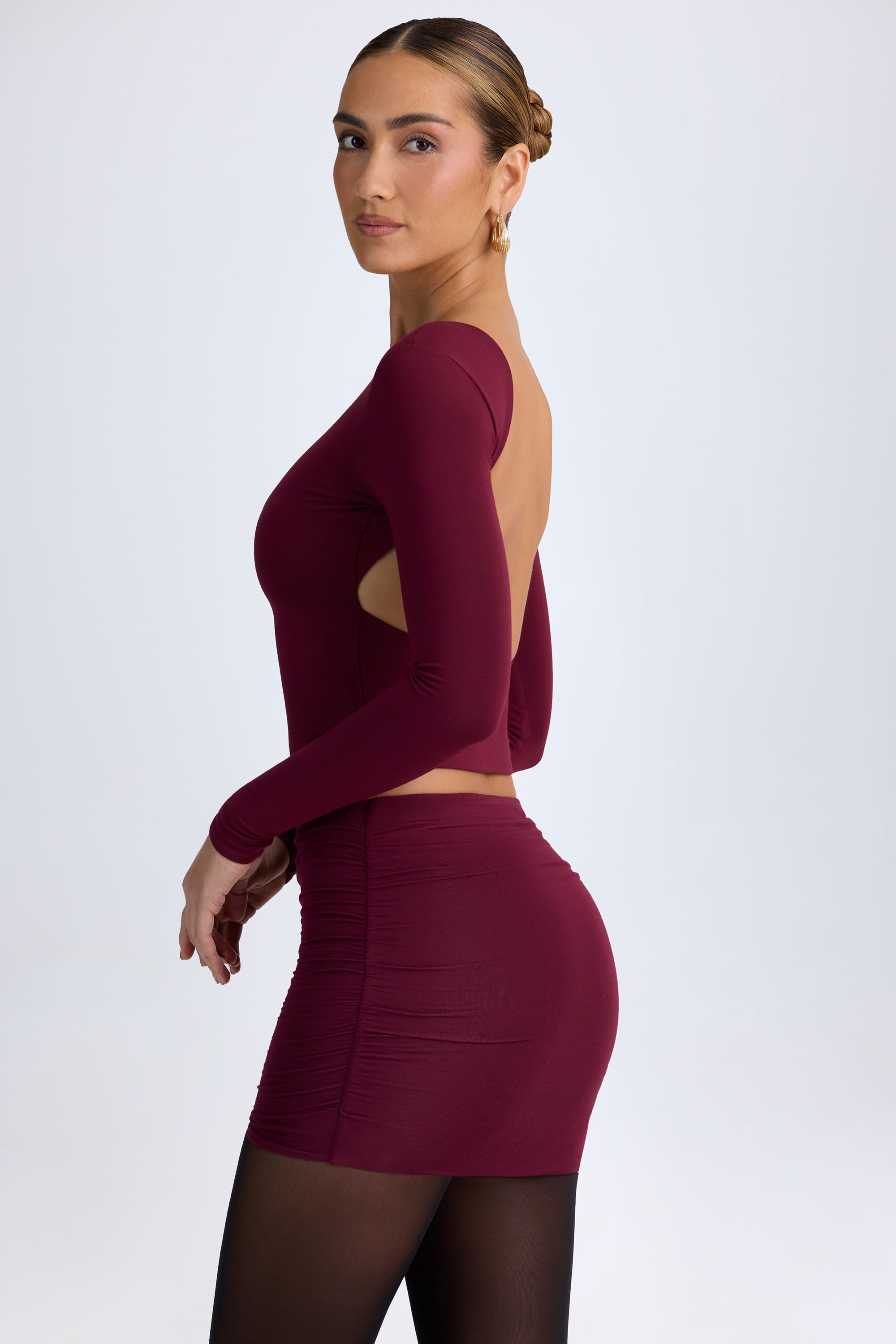 Cali Modal Ruched Mid-Rise Mini Skirt in Wine Red - Image 8