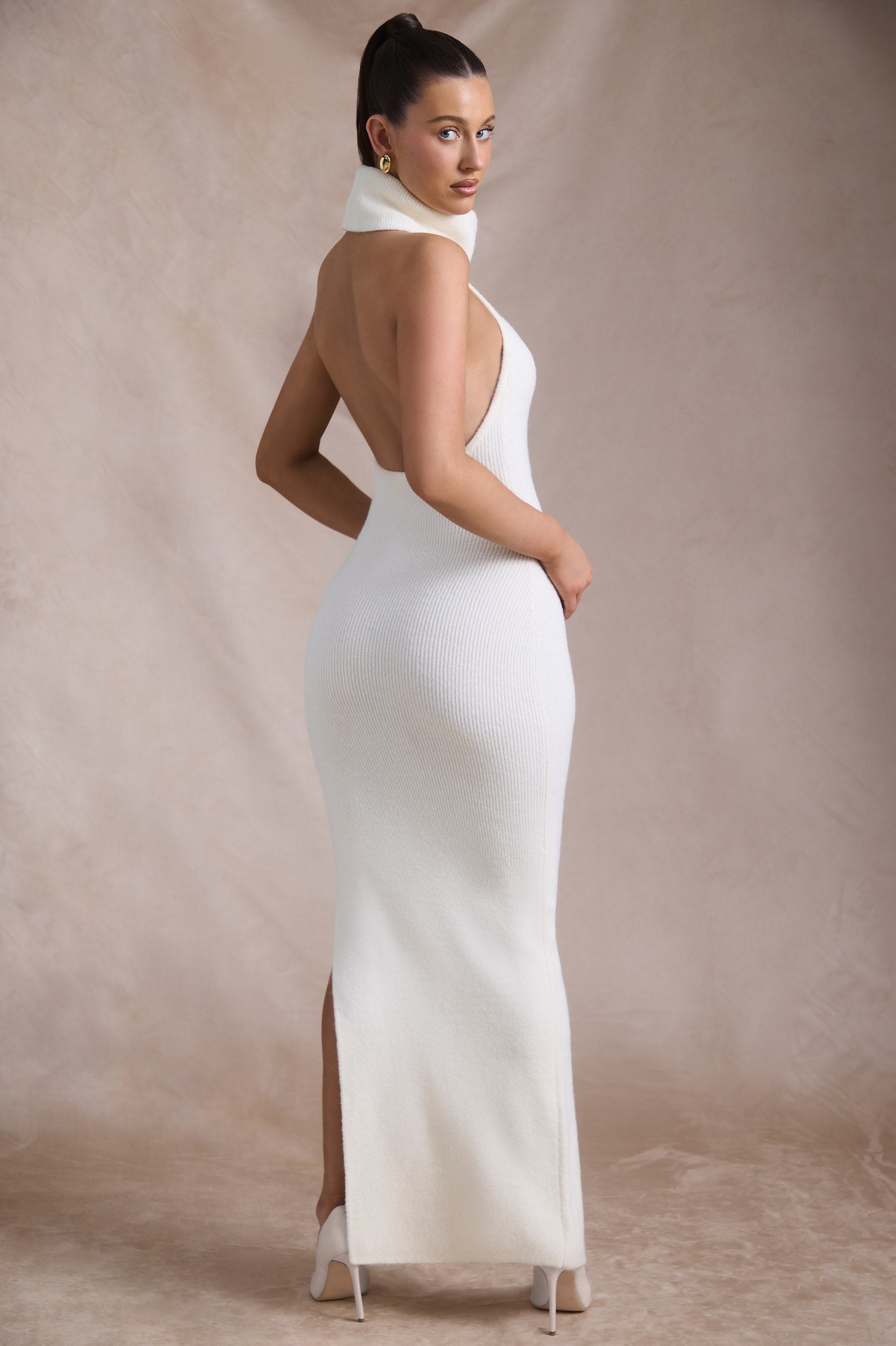 Calissa Ribbed-Knit Turtleneck Backless Maxi Dress in Ivory - Image 2