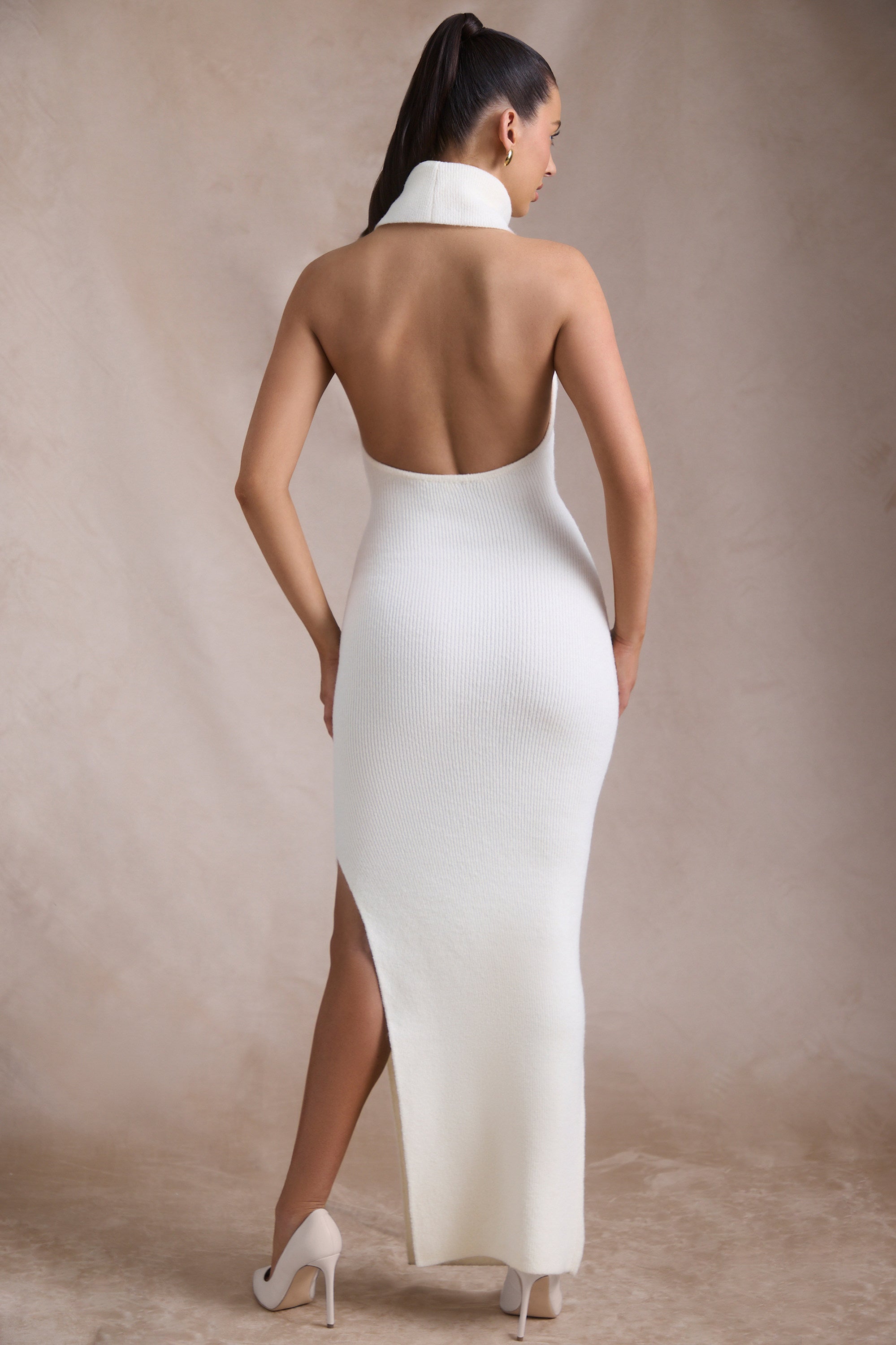 Calissa Ribbed-Knit Turtleneck Backless Maxi Dress in Ivory - Image 5
