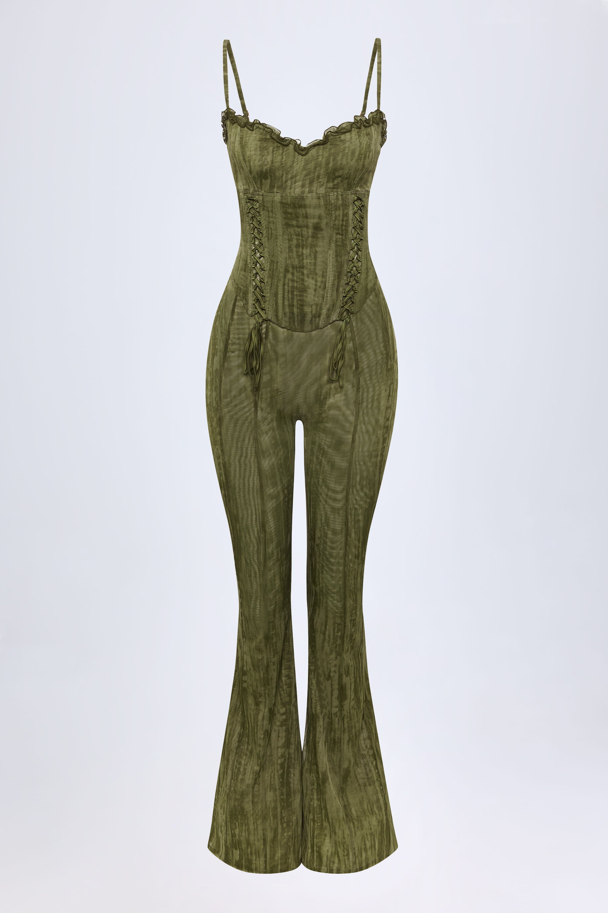 Carmen Lace-Up Ruffled Flared Jumpsuit in Green Print - Image 2