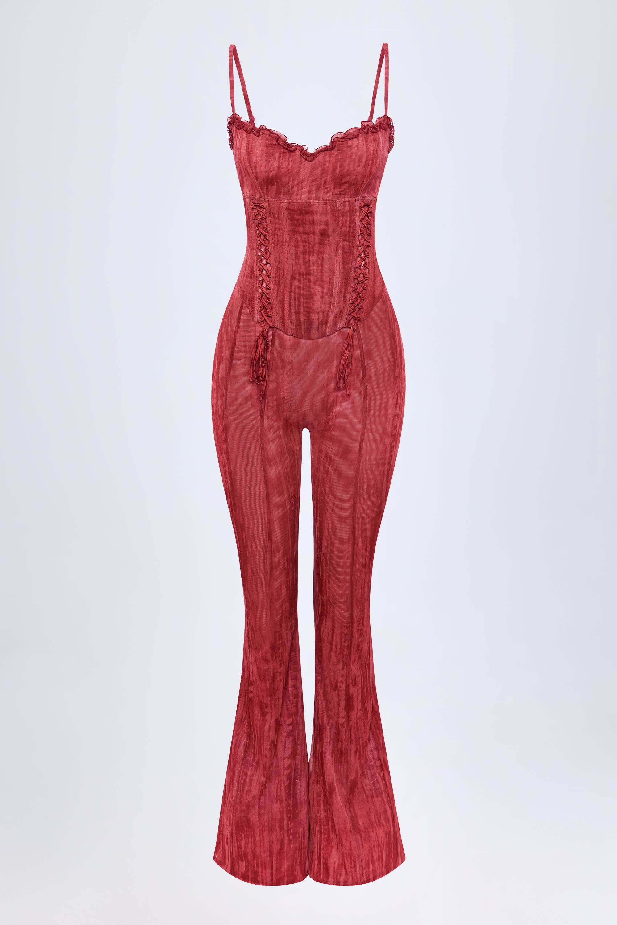 Carmen Lace-Up Ruffled Flared Jumpsuit in Red Print