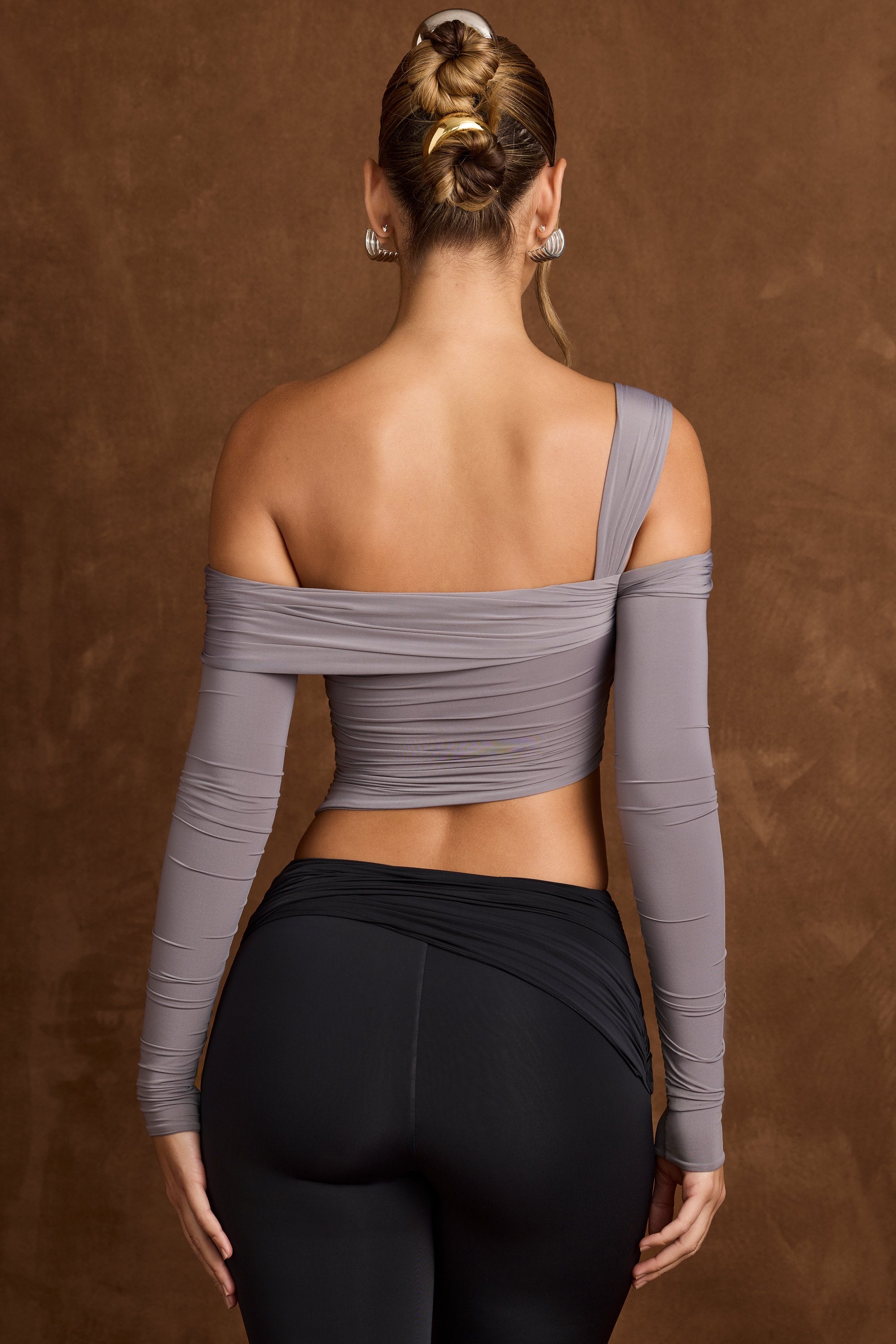 Carryn Asymmetric Off-Shoulder Draped Top in Steel Grey - Image 3