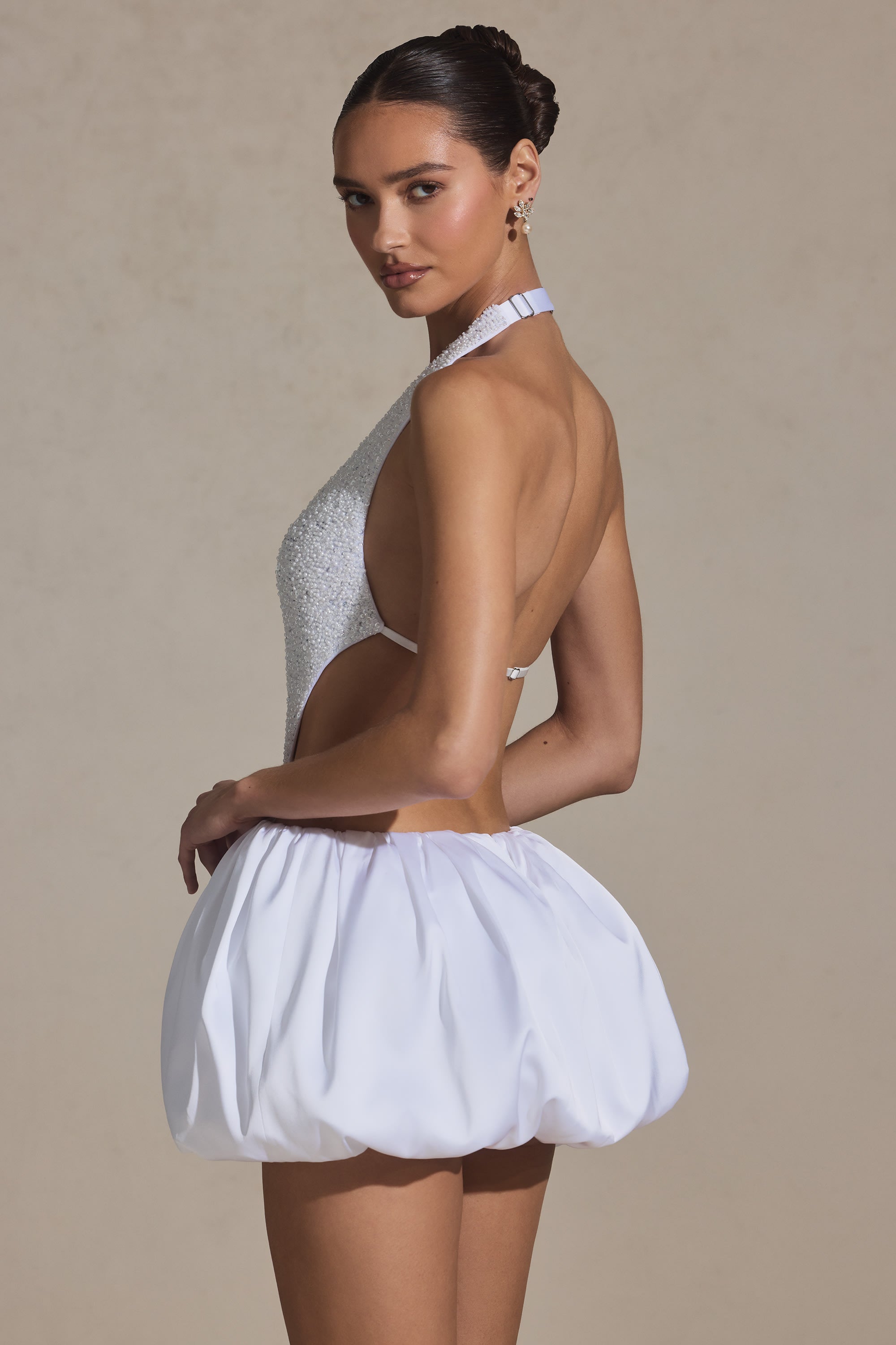 Embellished Cut-Out Bubble Hem Mini Dress in White - Image 2