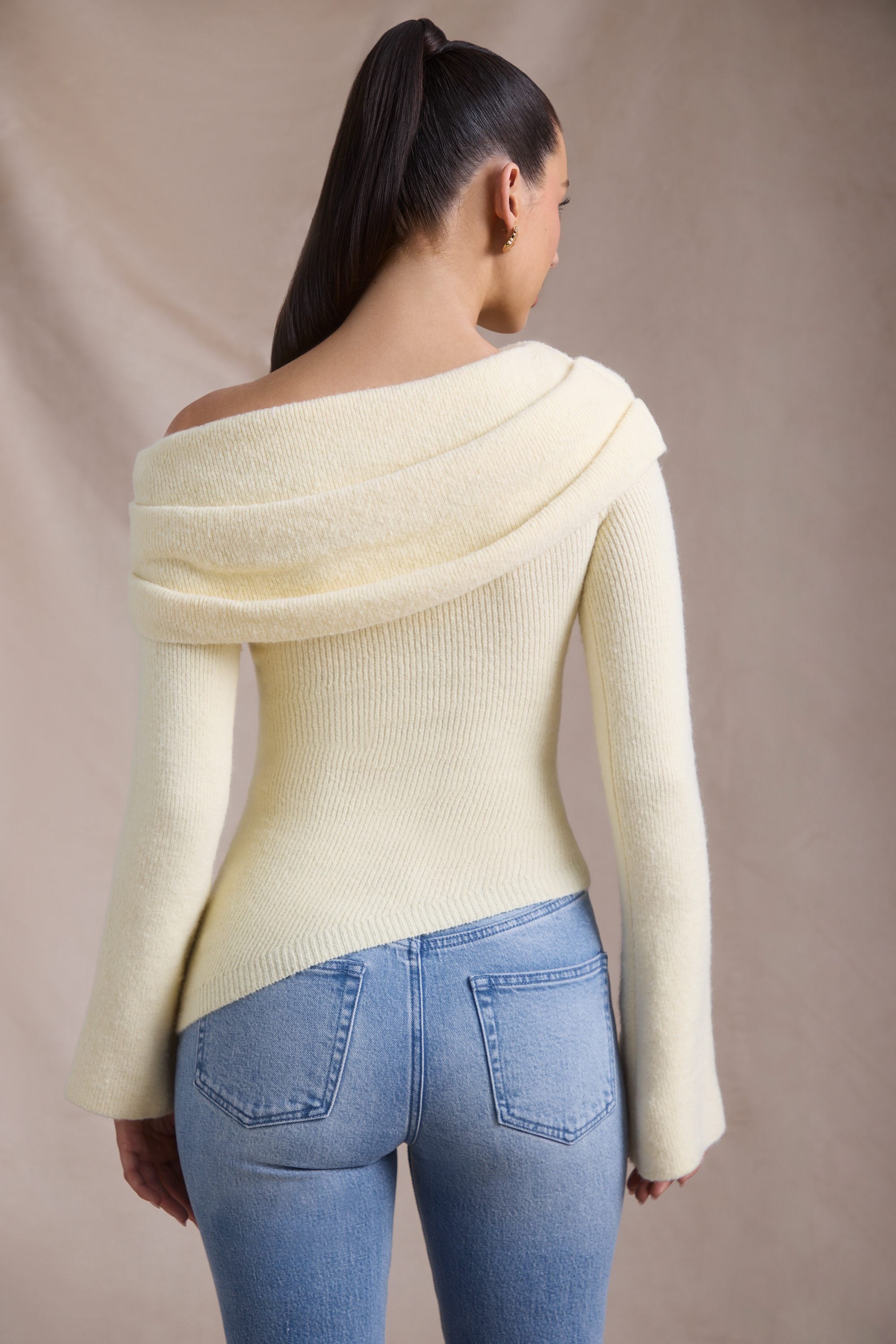 Cecily Ribbed-Knit Asymmetric Off-Shoulder Jumper in Butter Yellow - Image 3
