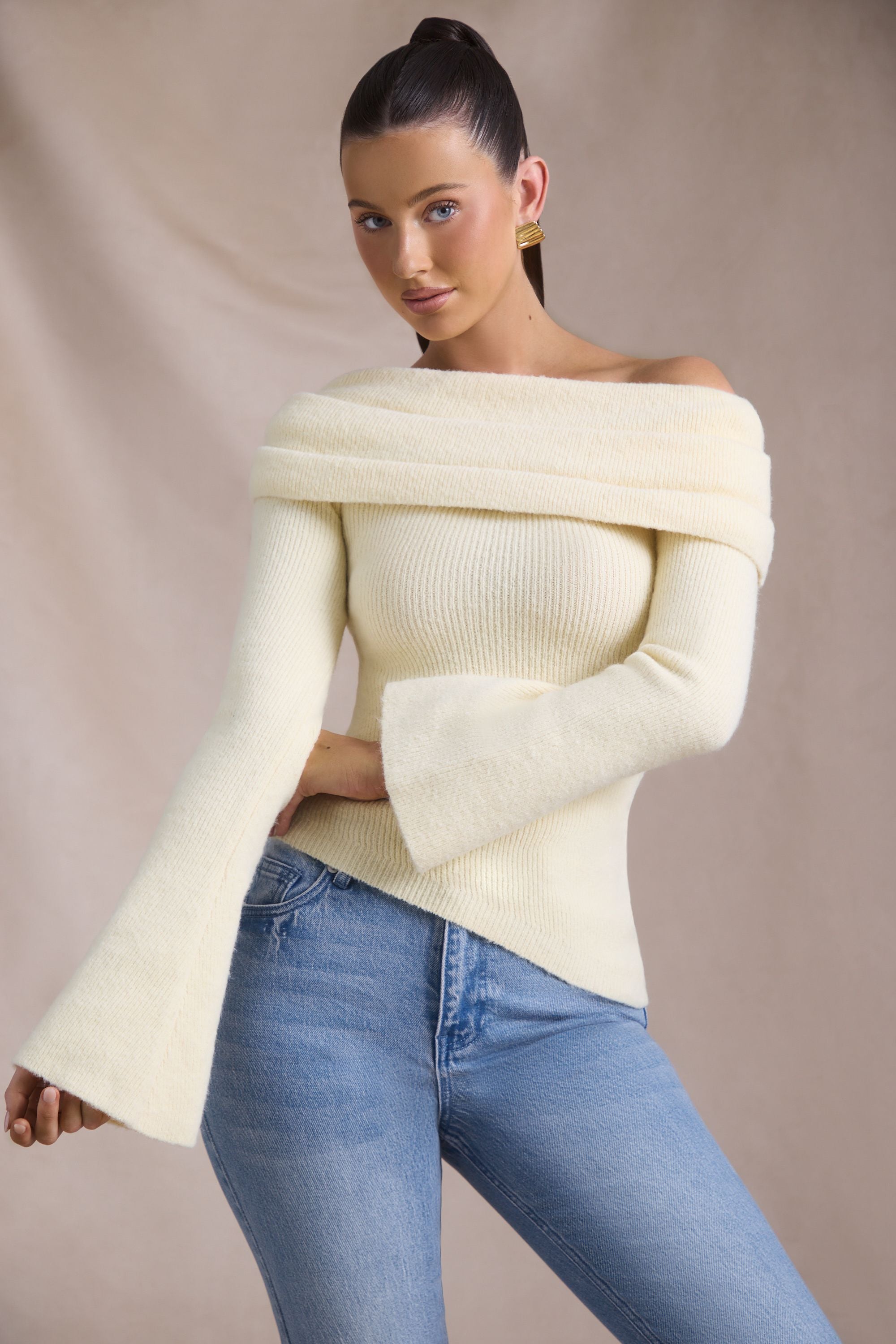 Cecily Ribbed-Knit Asymmetric Off-Shoulder Jumper in Butter Yellow - Image 4