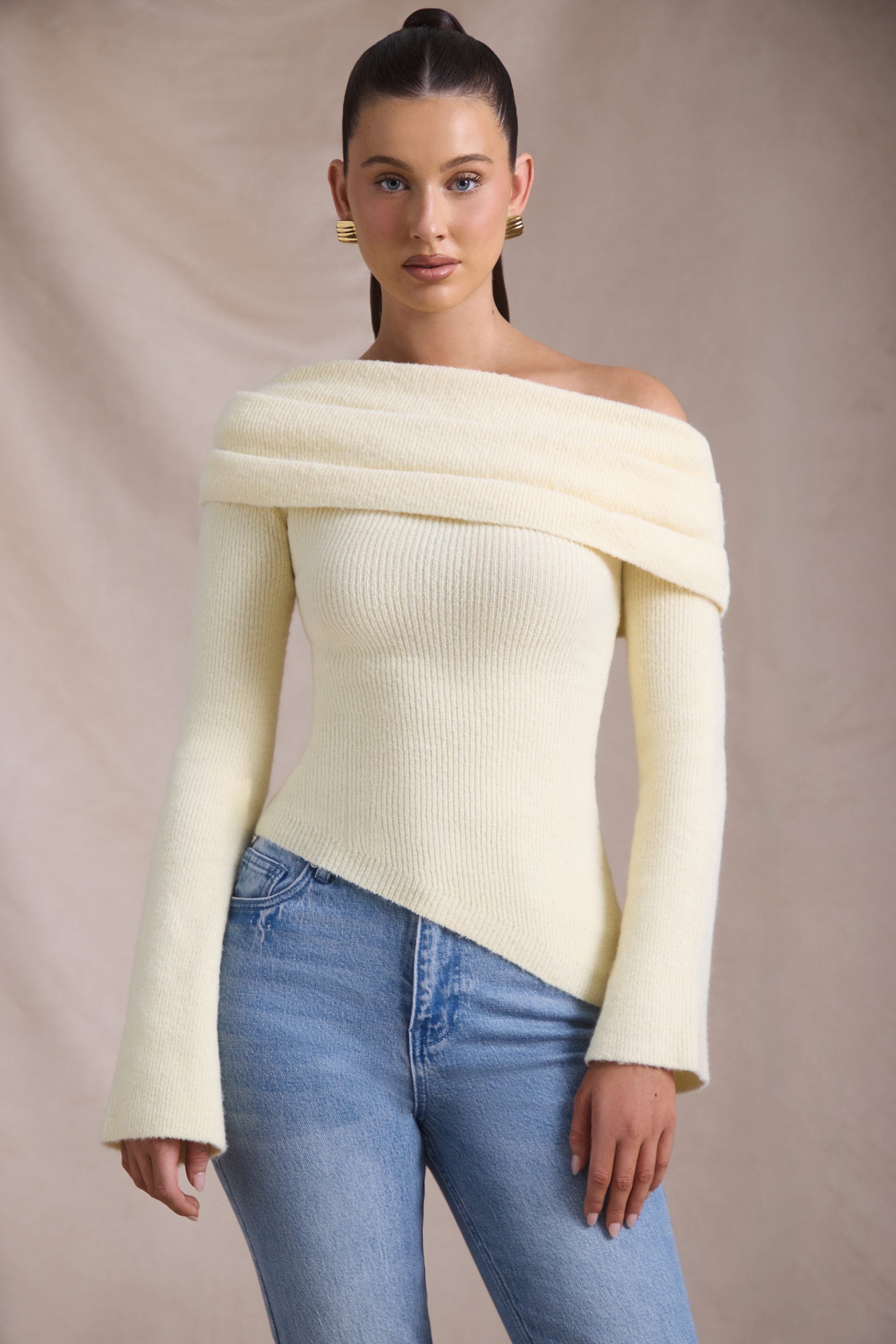 Cecily Ribbed-Knit Asymmetric Off-Shoulder Jumper in Butter Yellow - Image 6