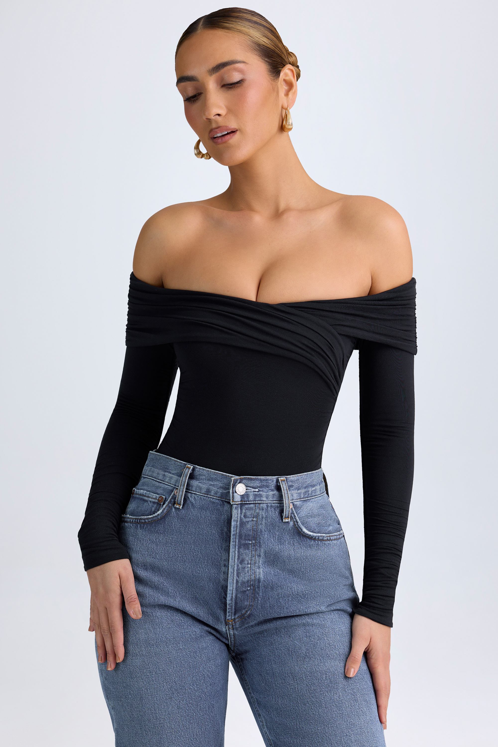 Ceyln Modal Off-Shoulder Ruched Bodysuit in Black - Image 5