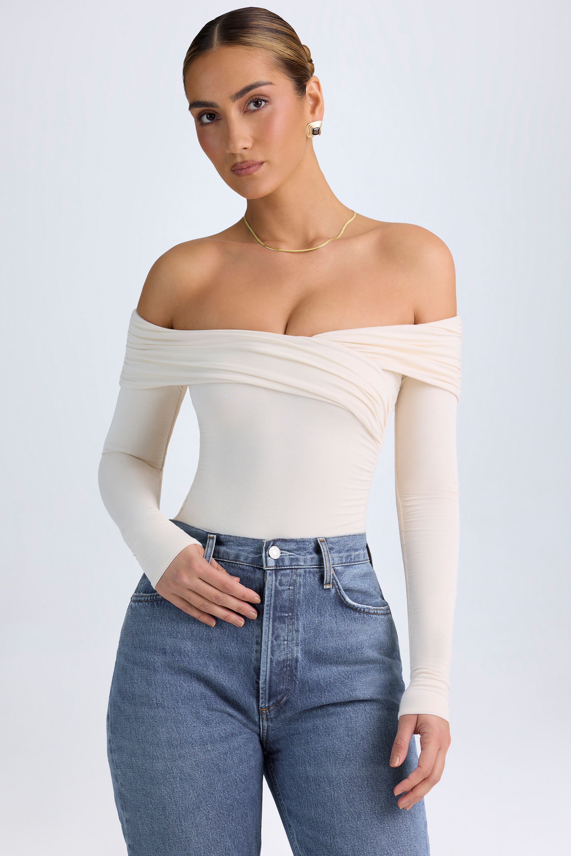 Ceyln Modal Off-Shoulder Ruched Bodysuit in Ivory