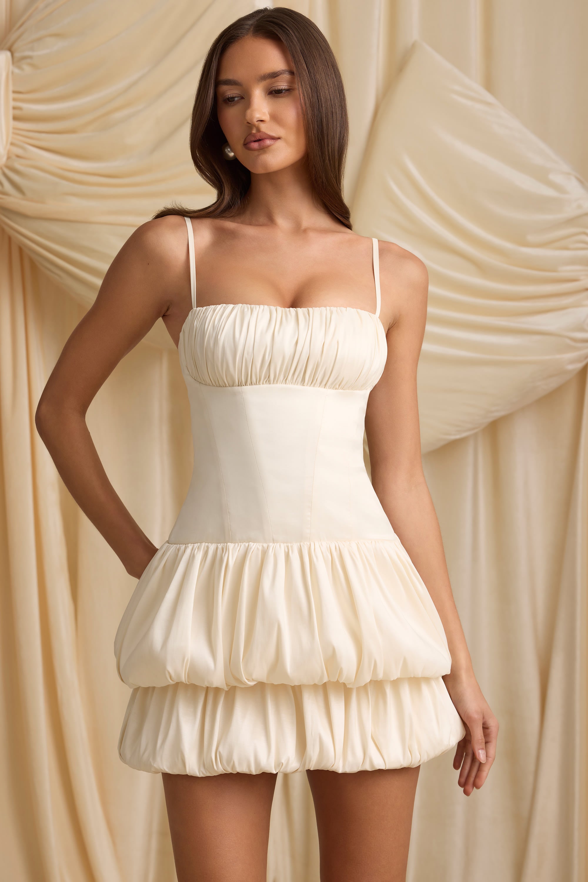 Clarice Layered Bubble Hem Corset Mini Dress in Ivory - Image 9