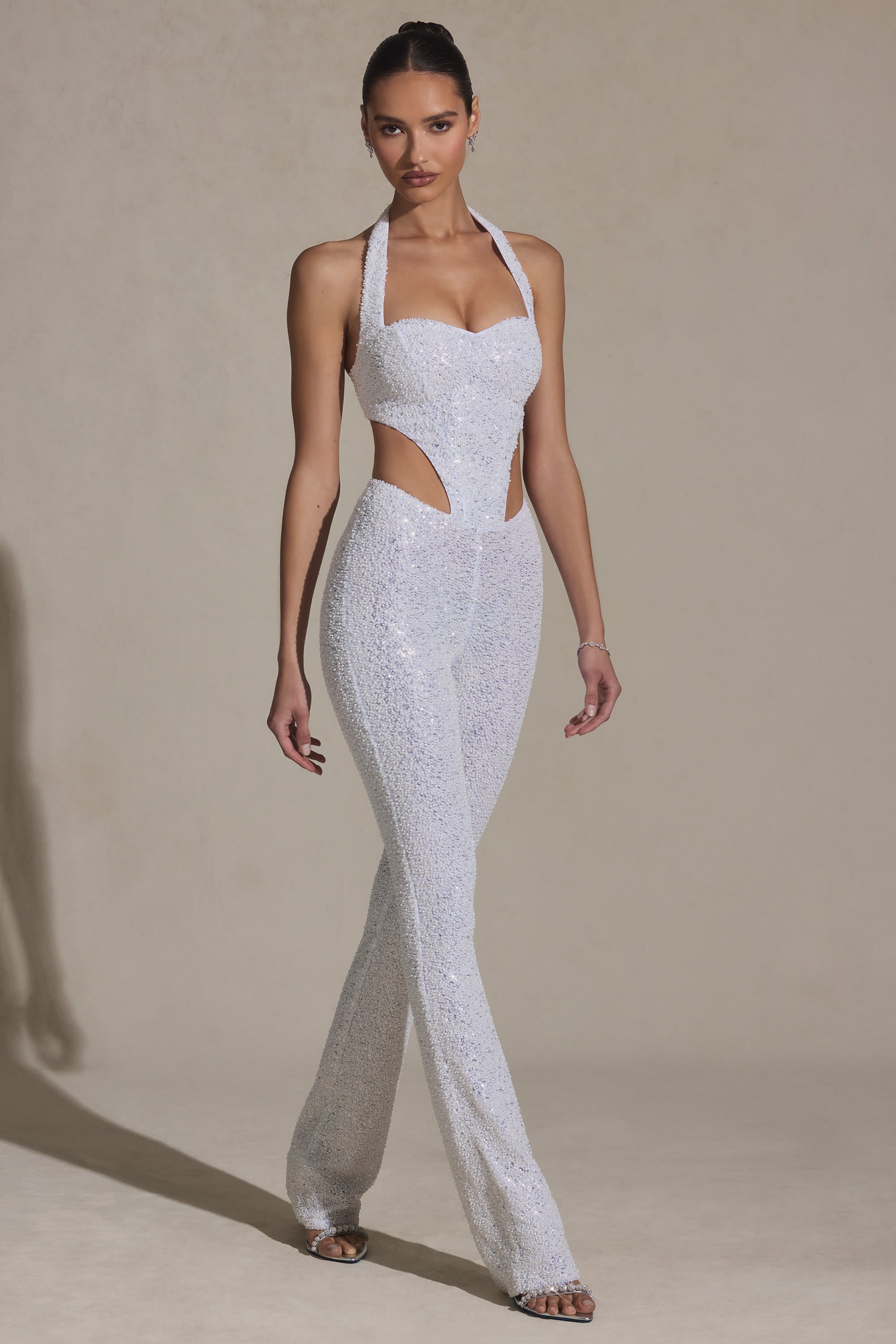 Coralena Embellished Cut-Out Jumpsuit in White - Image 7