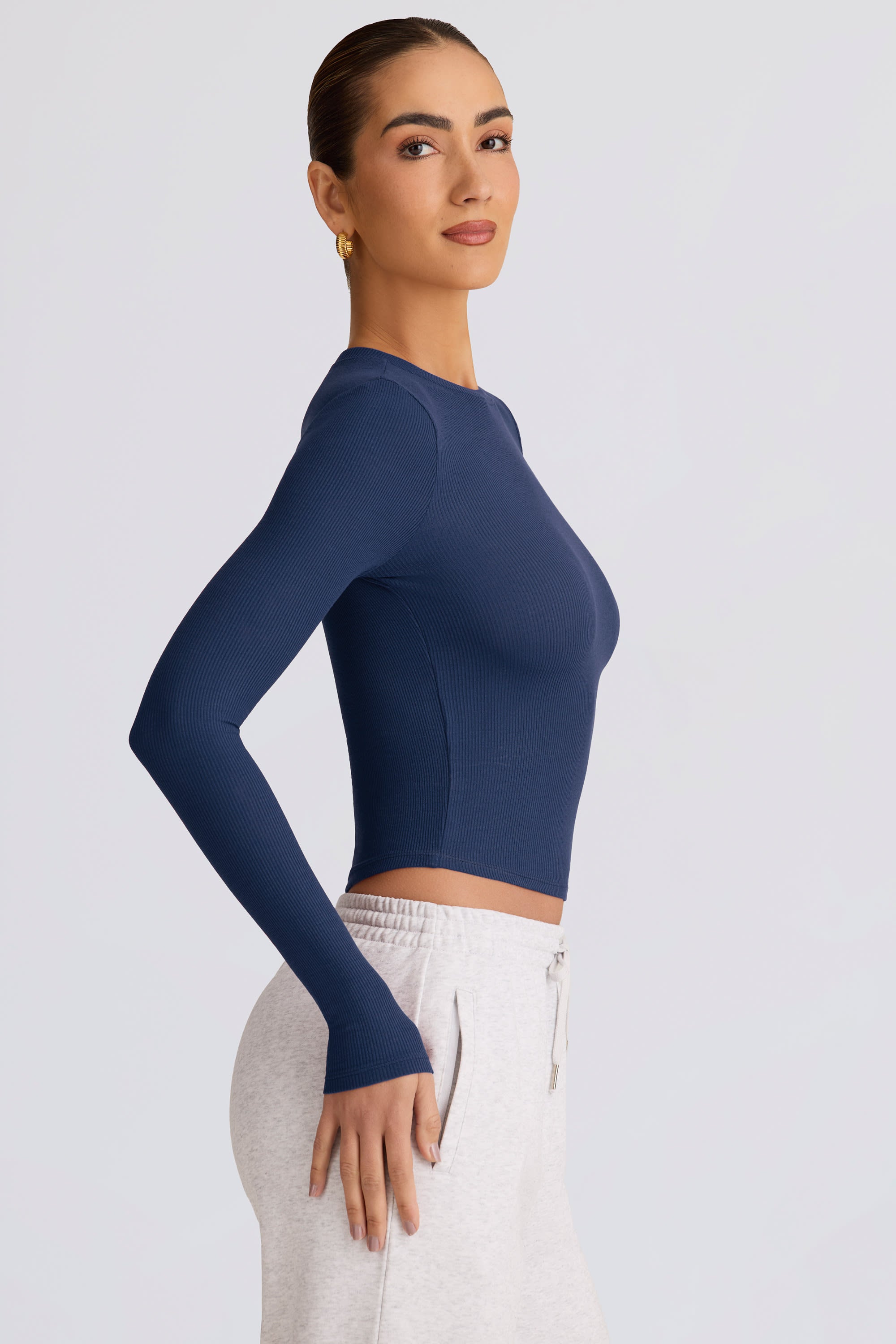 Ribbed Modal Long-Sleeve Top in Dark Navy - Image 3