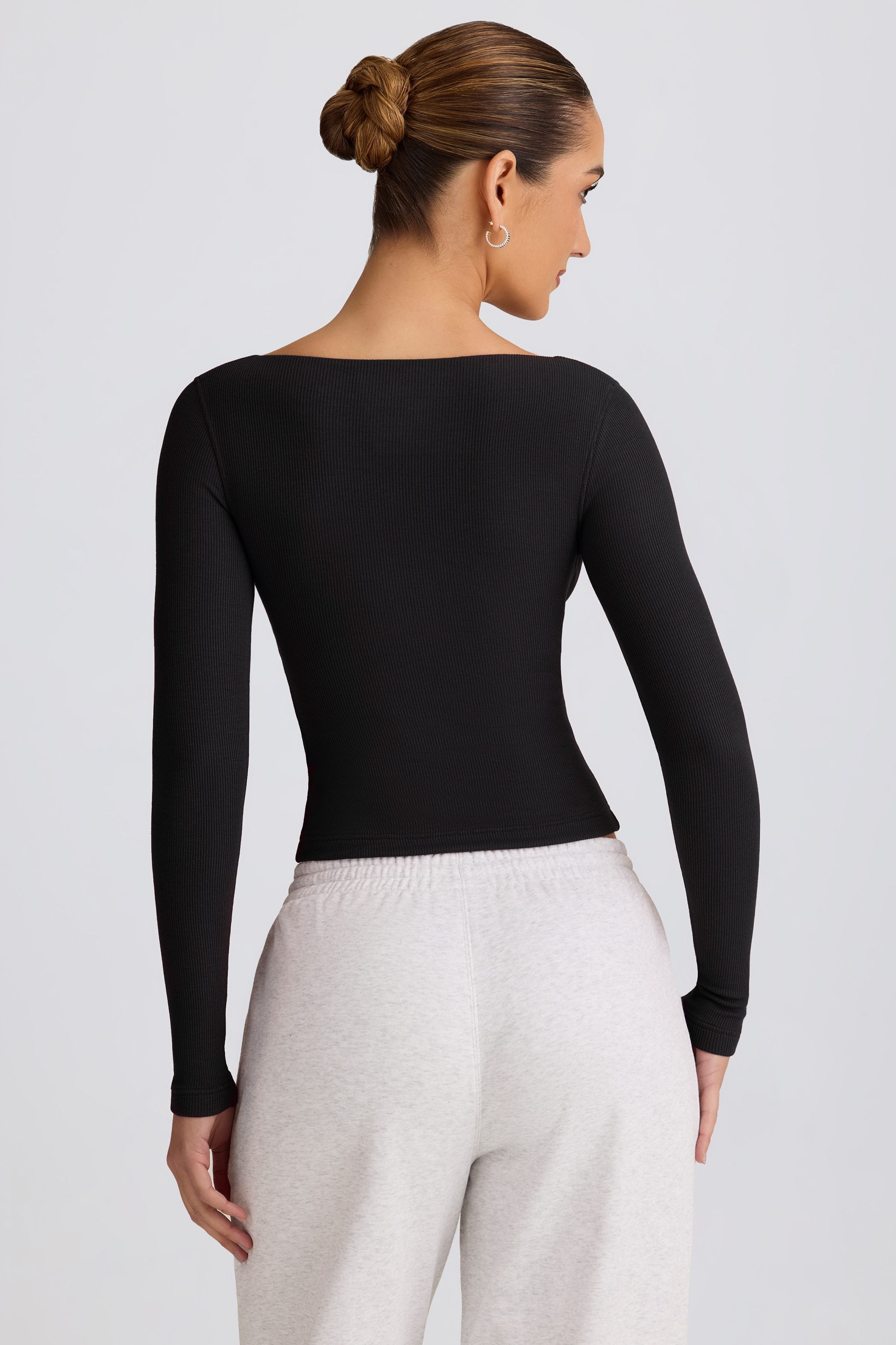 Ribbed Modal Ruched V-Neck Top in Black - Image 2