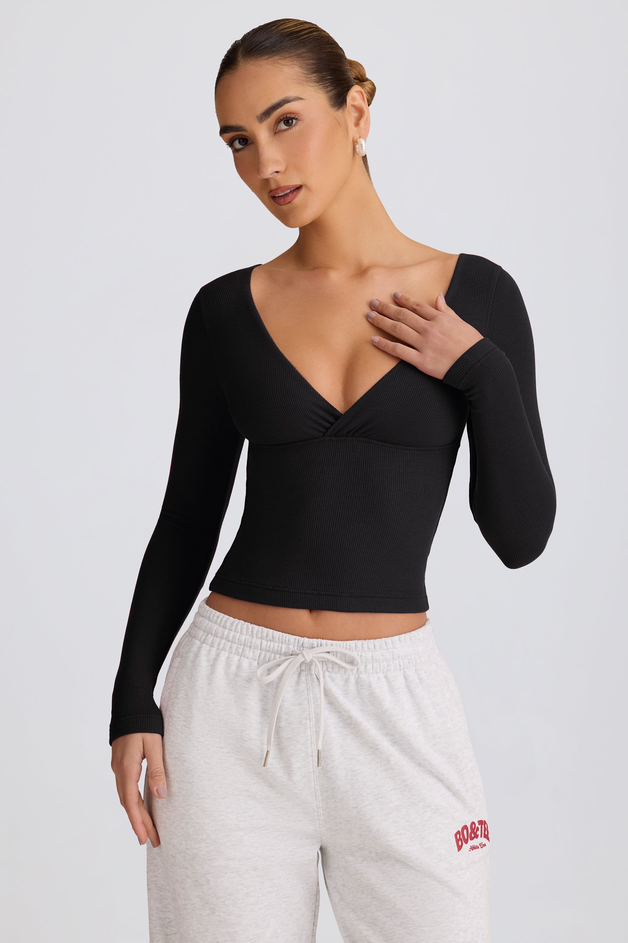 Ribbed Modal Ruched V-Neck Top in Black - Image 5