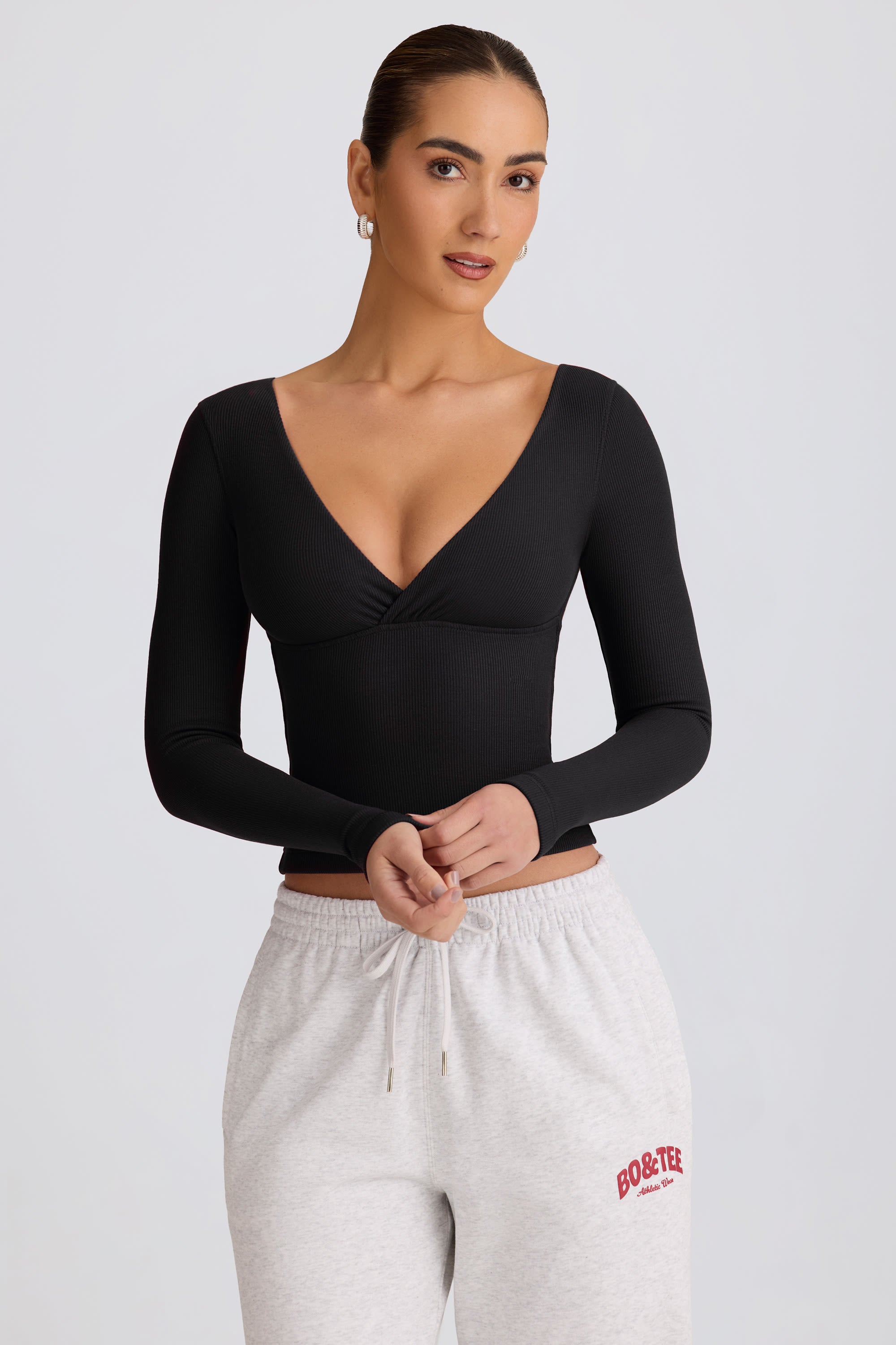 Ribbed Modal Ruched V-Neck Top in Black - Image 6