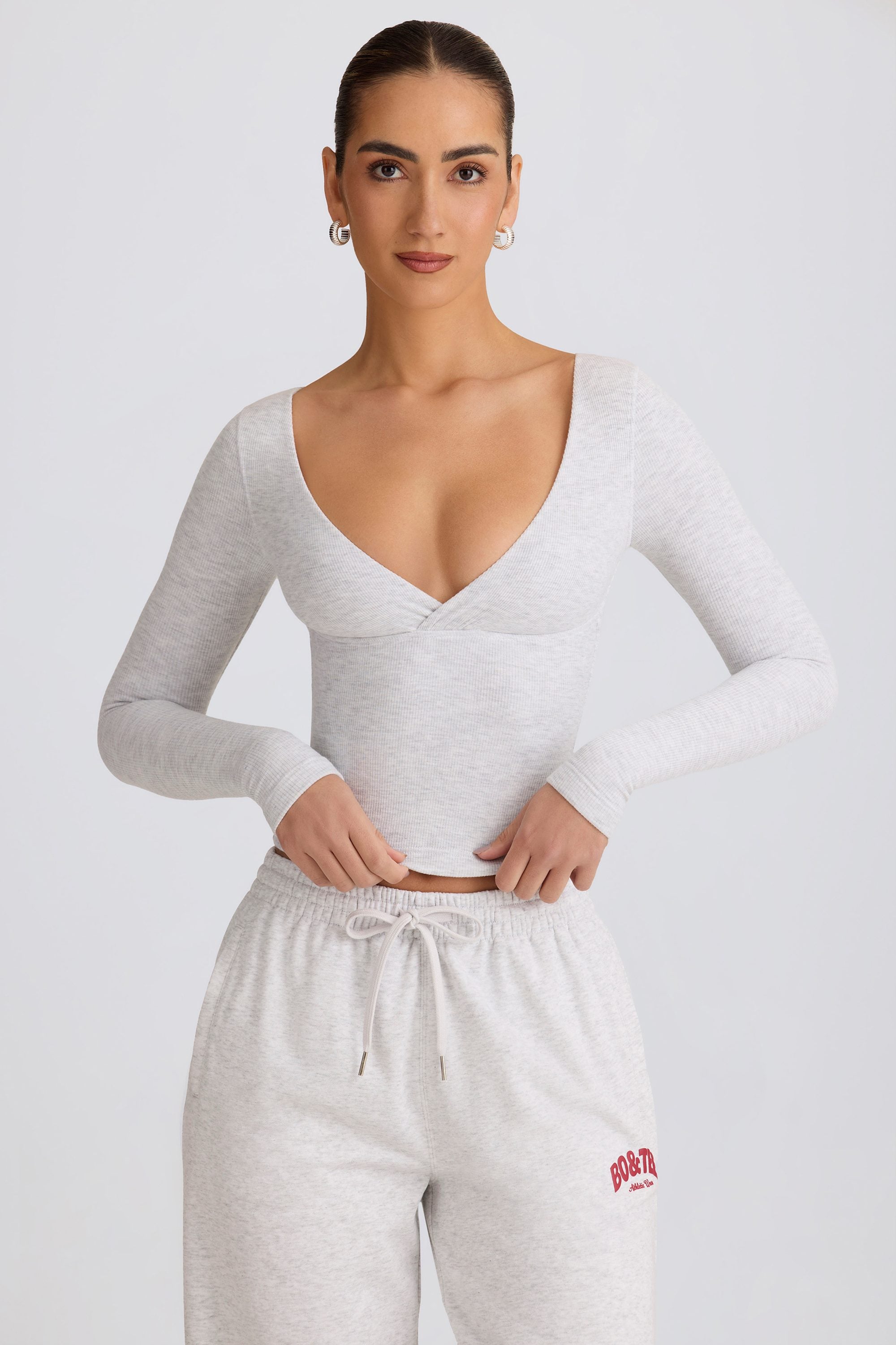 Ribbed Modal Ruched V-Neck Top in Grey Marl - Image 6