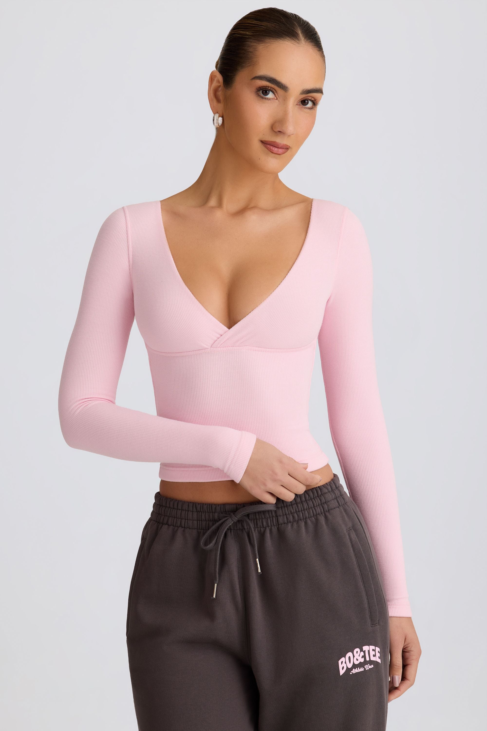 Ribbed Modal Ruched V-Neck Top in Soft Pink - Image 6