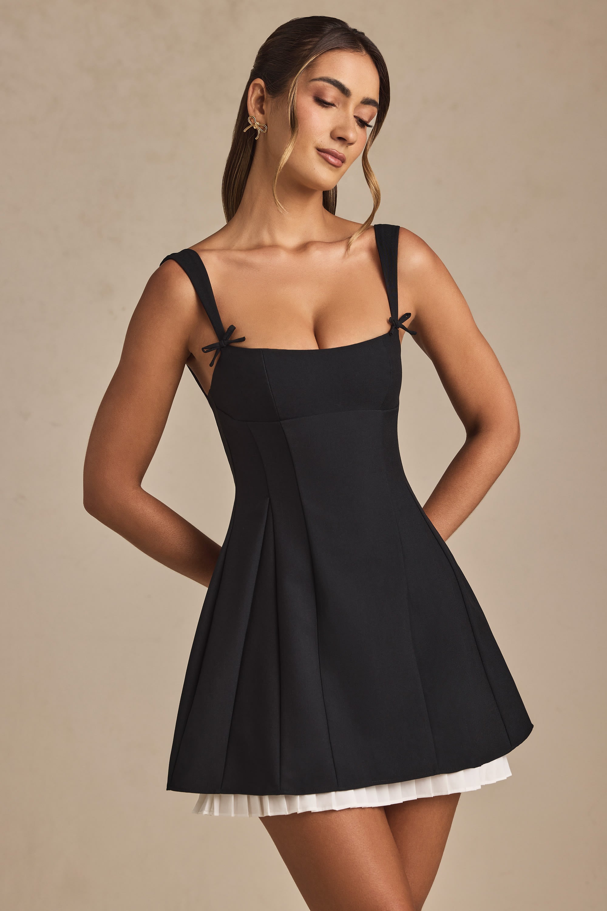 Cressida Bow-Detail Pleated A-Line Mini Dress in Black