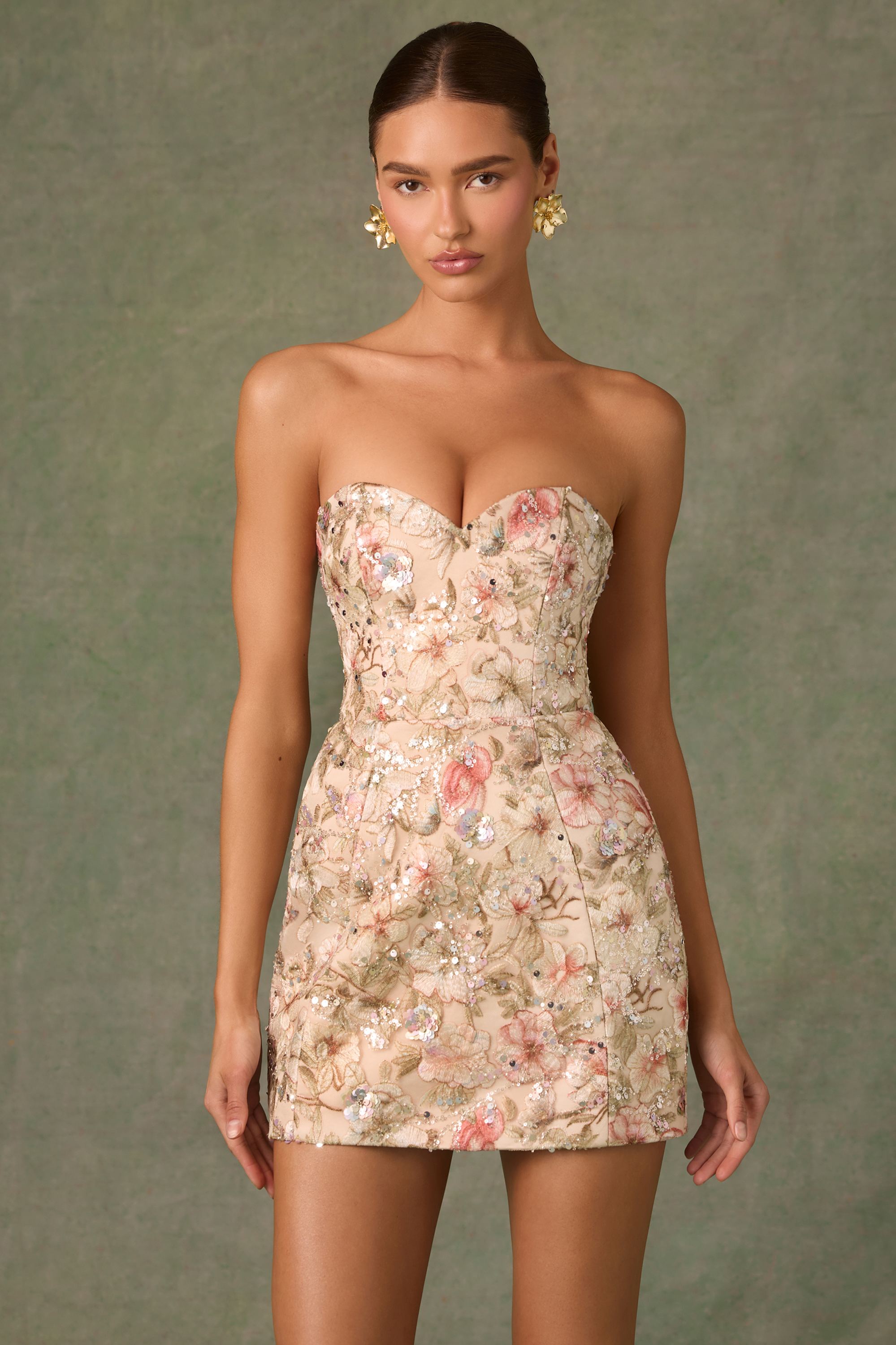 Dahlia Embellished Strapless A-Line Mini Dress in Floral Beige