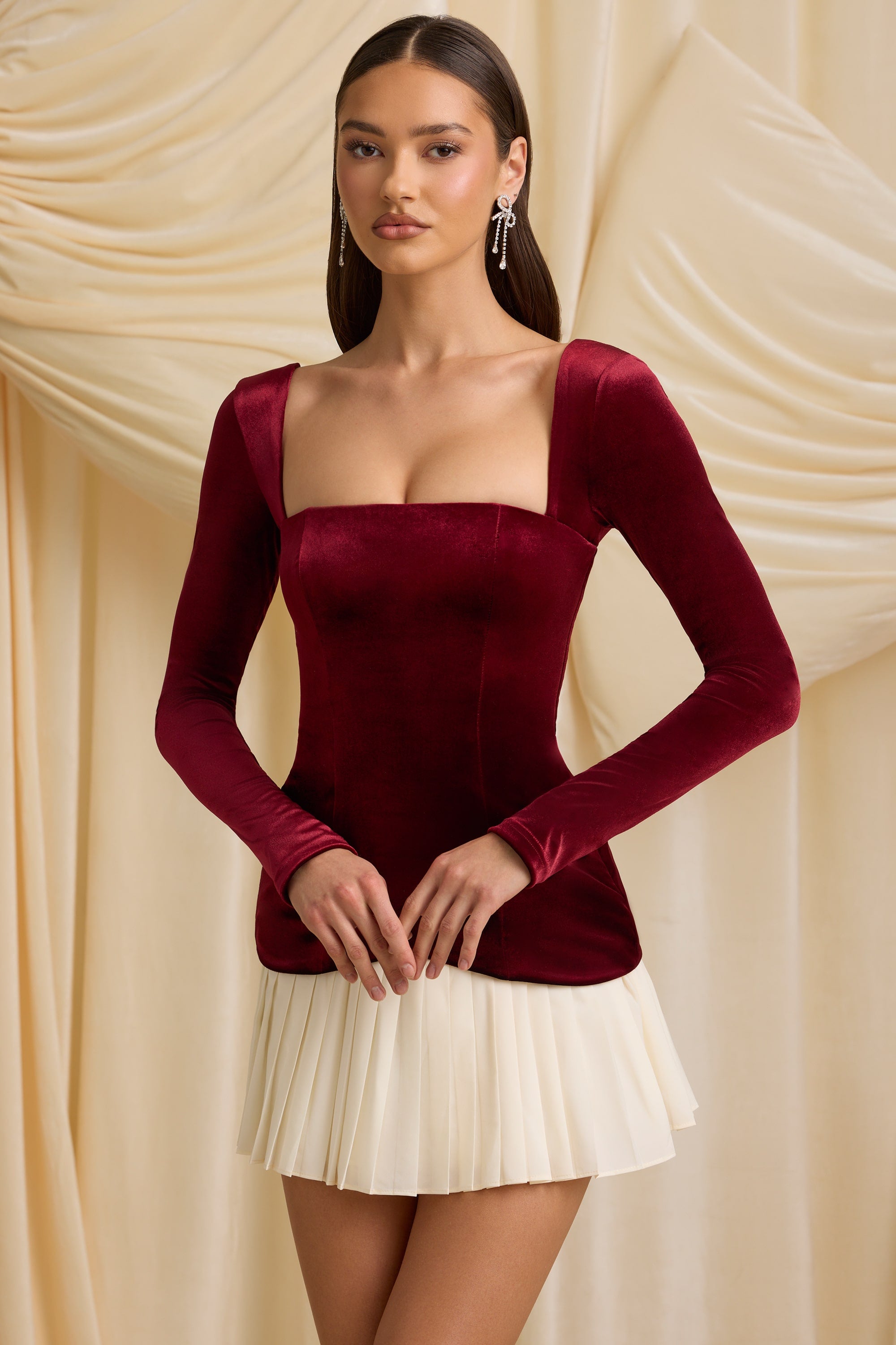Darline Layered Pleated Corset Mini Dress in Wine Red