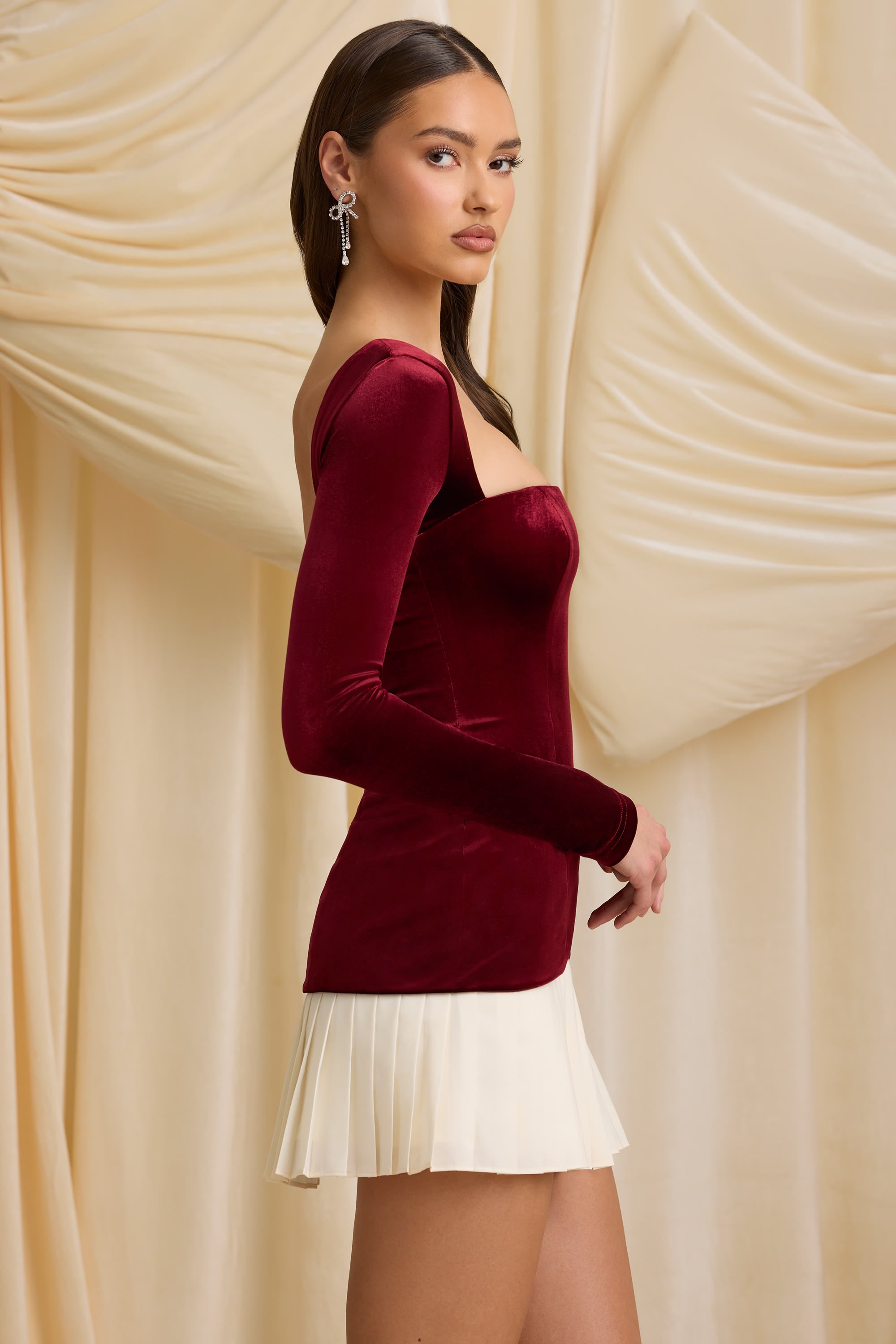 Darline Layered Pleated Corset Mini Dress in Wine Red - Image 3