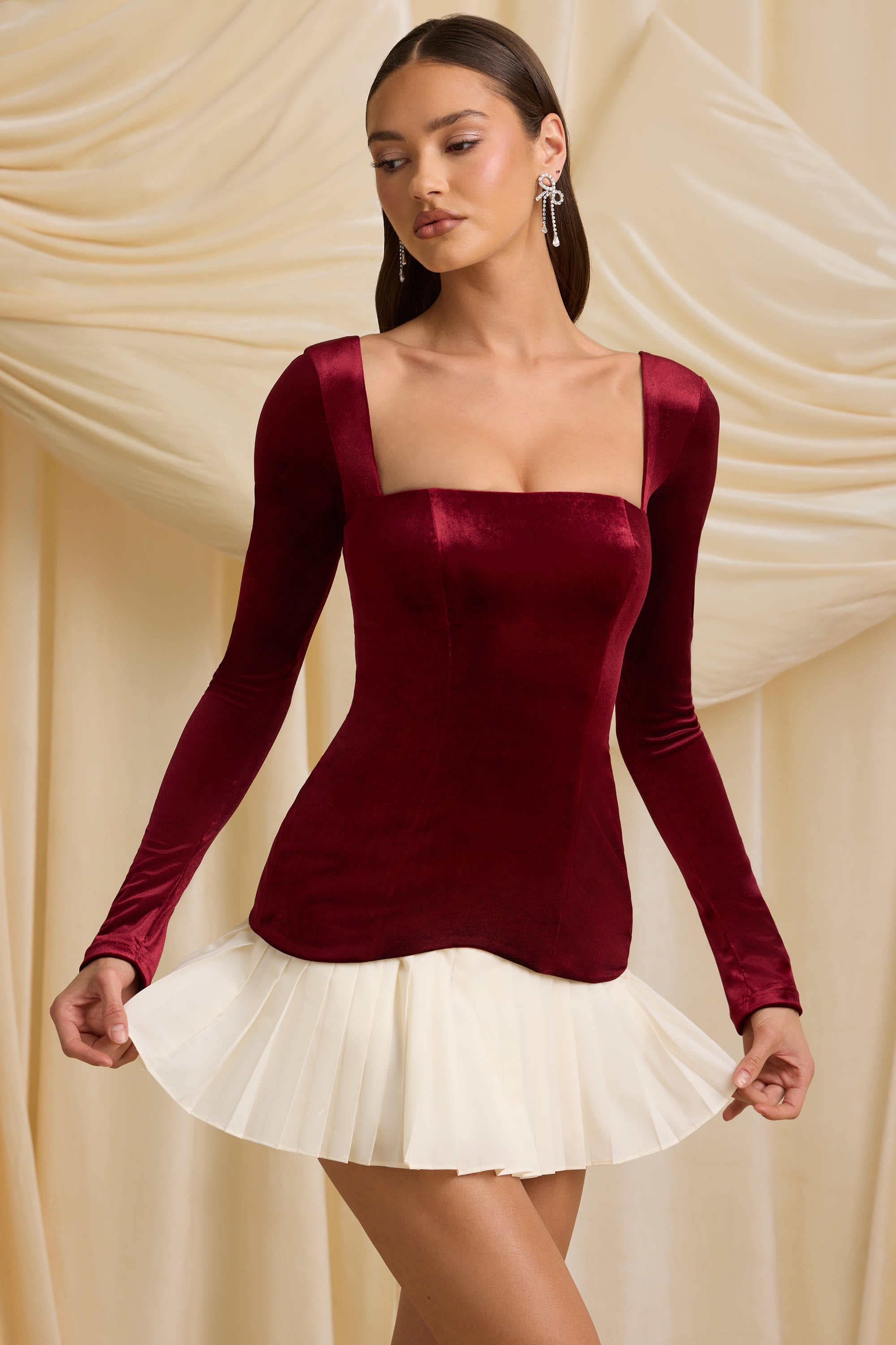 Darline Layered Pleated Corset Mini Dress in Wine Red - Image 5