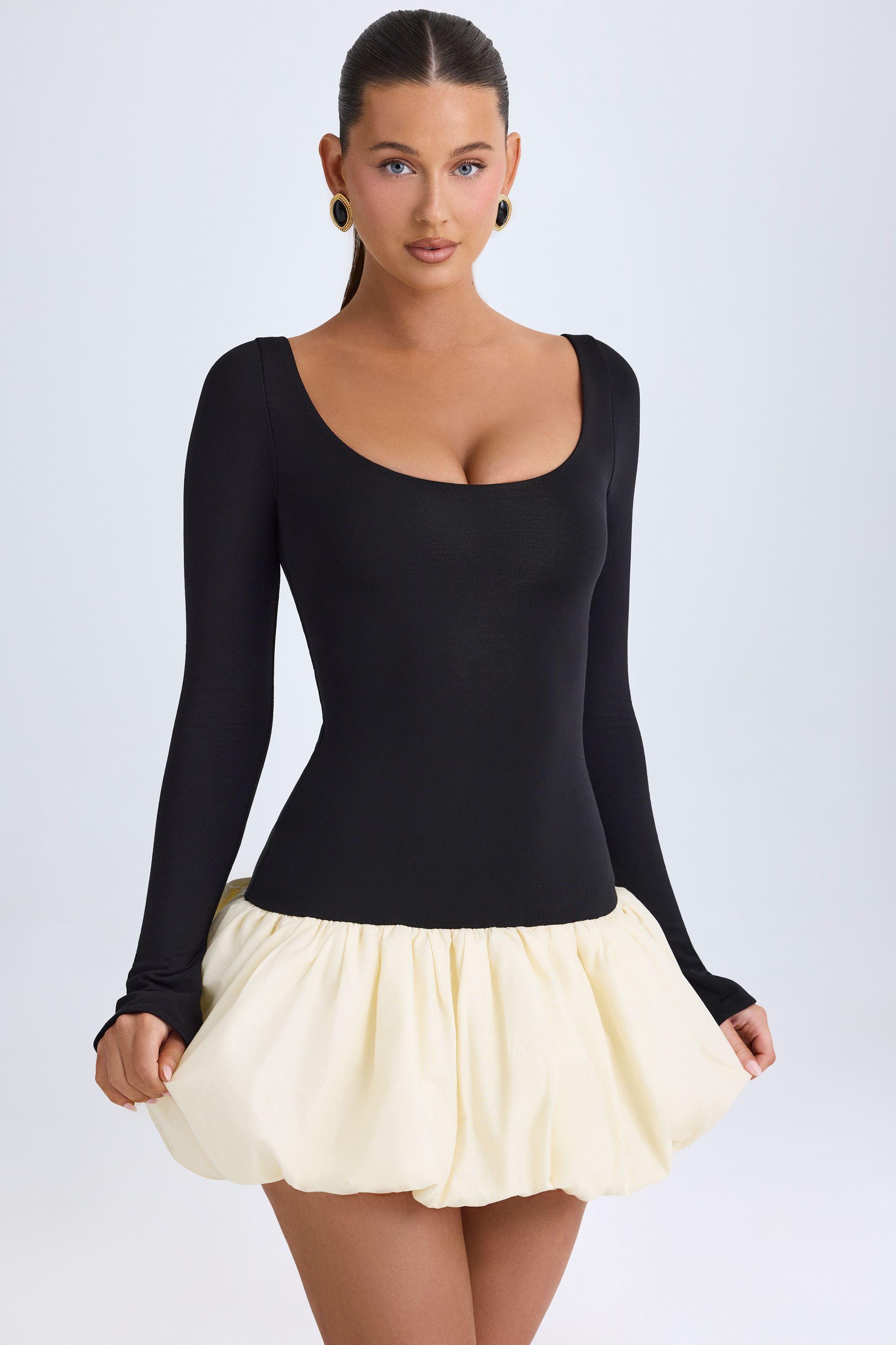 Delphi Scoop-Neck Drop-Waist Bubble Hem Mini Dress in Vanilla
