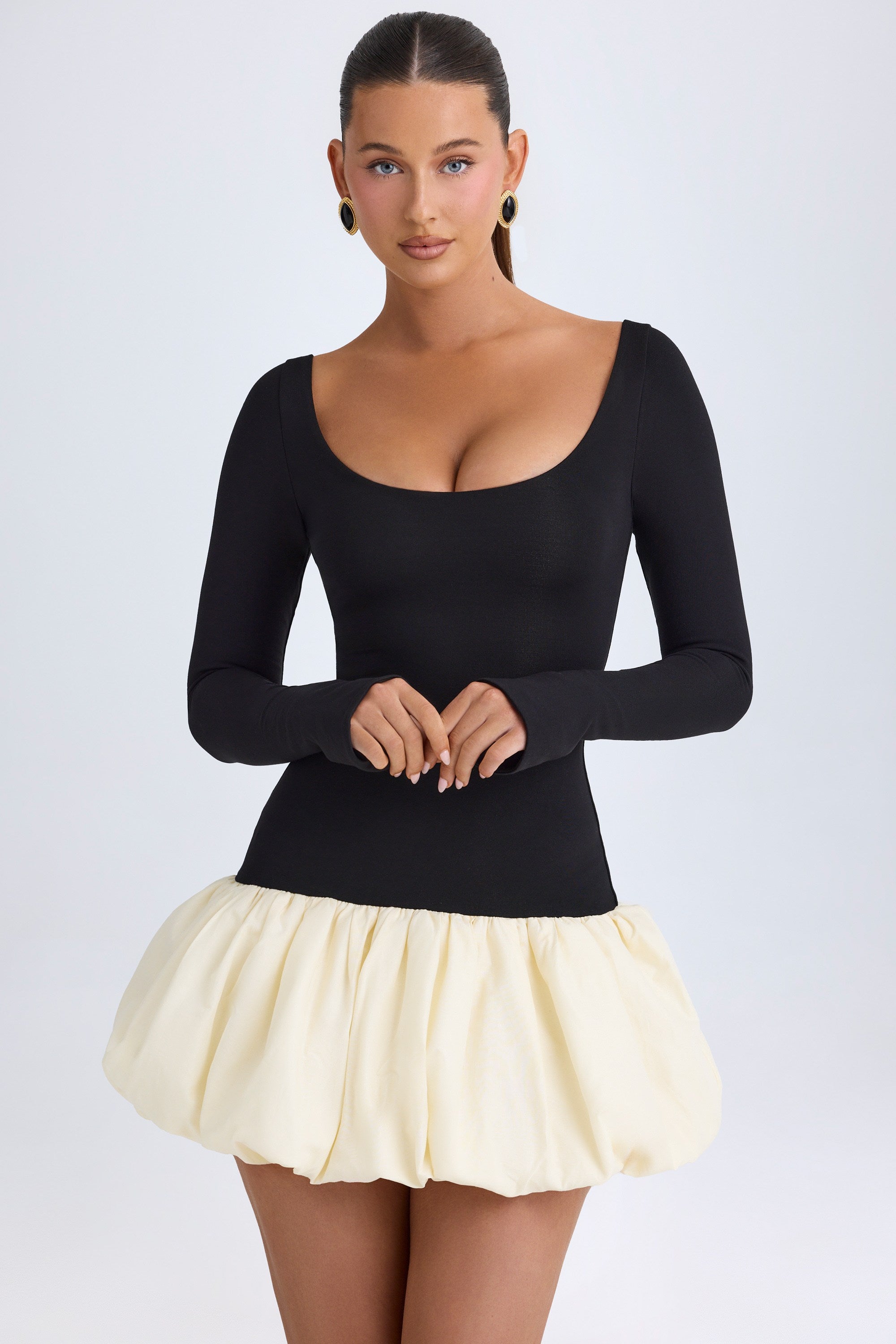 Delphi Scoop-Neck Drop-Waist Bubble Hem Mini Dress in Vanilla - Image 2