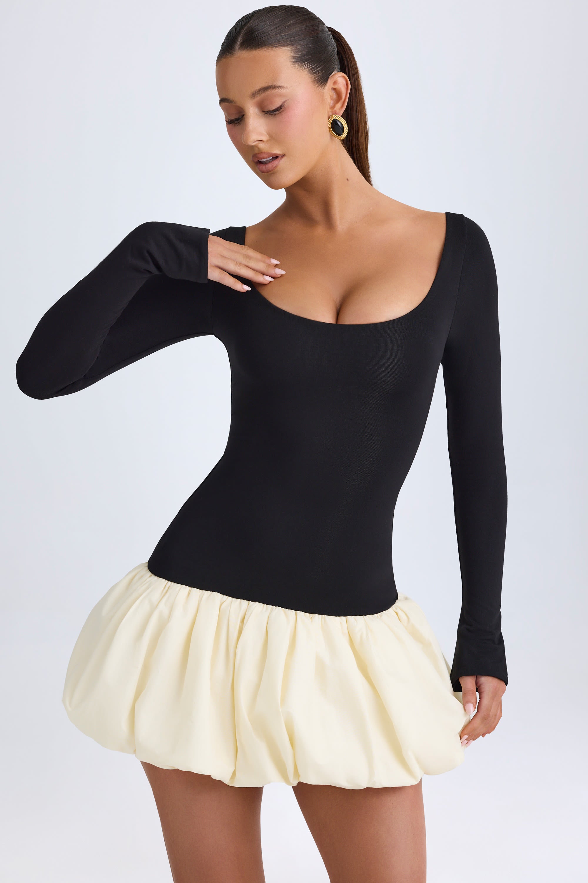 Delphi Scoop-Neck Drop-Waist Bubble Hem Mini Dress in Vanilla - Image 6