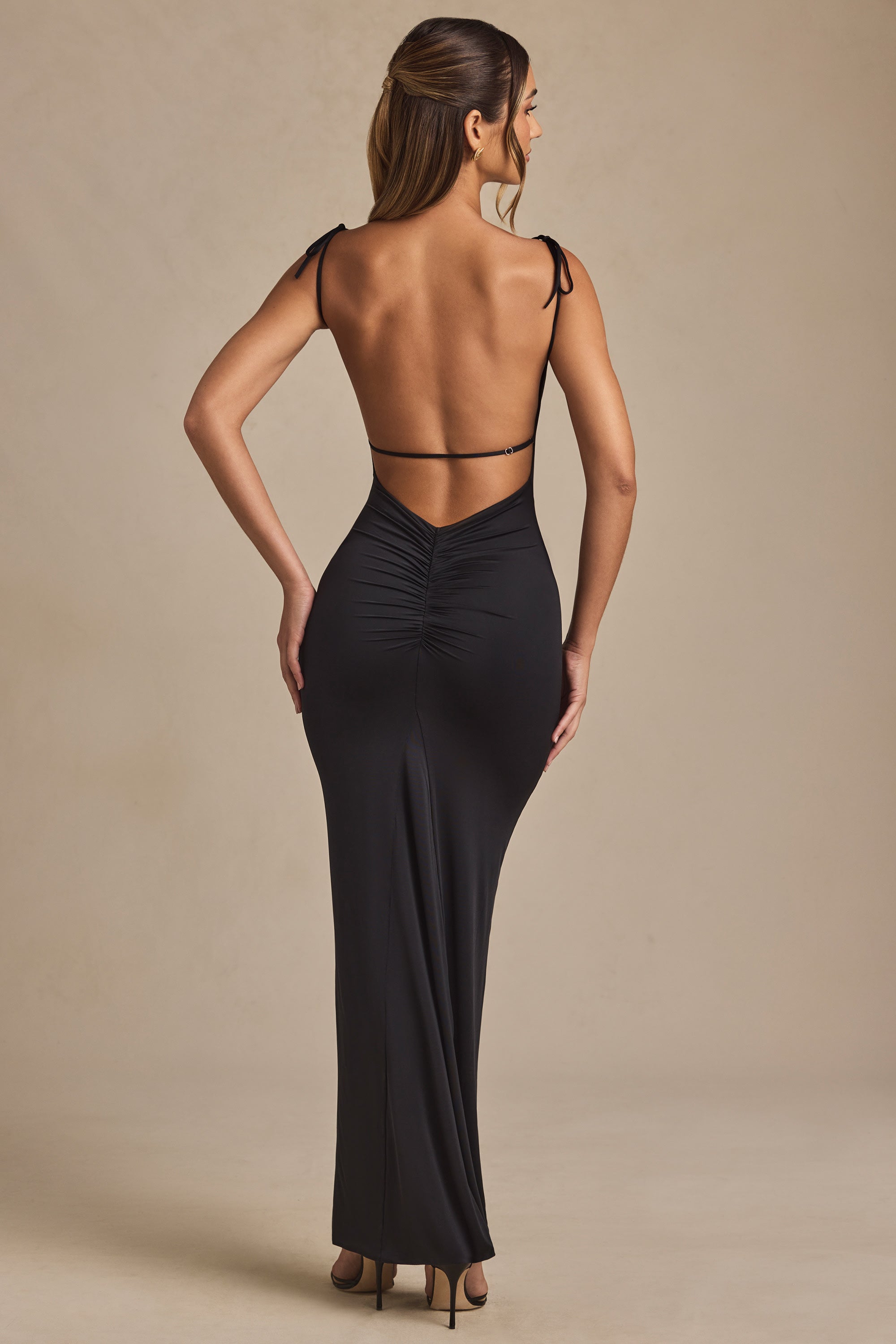Devika Ruched Open-Back Maxi Dress in Black - Image 2