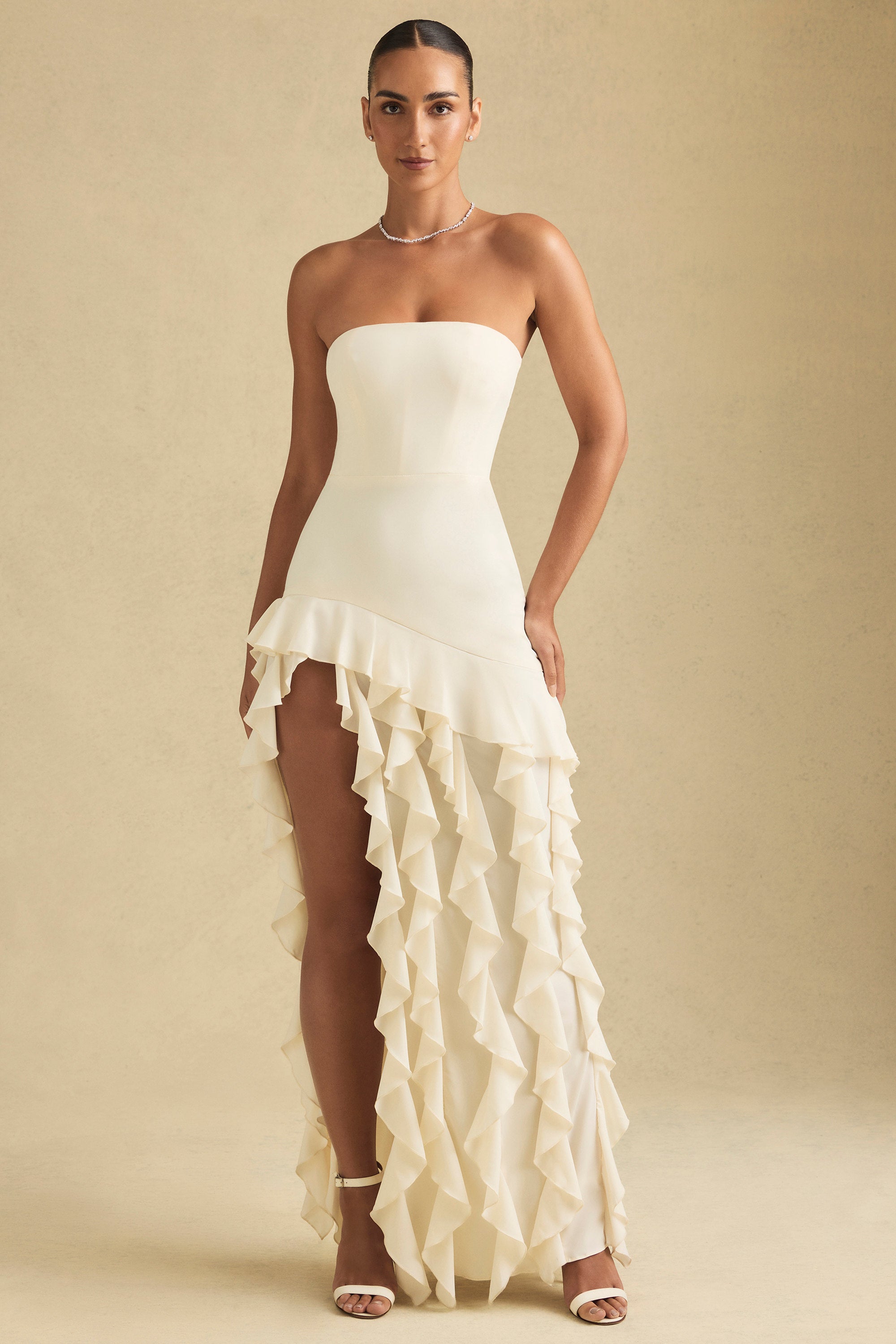 Diletta Ruffle-Trim Strapless Gown in Ivory