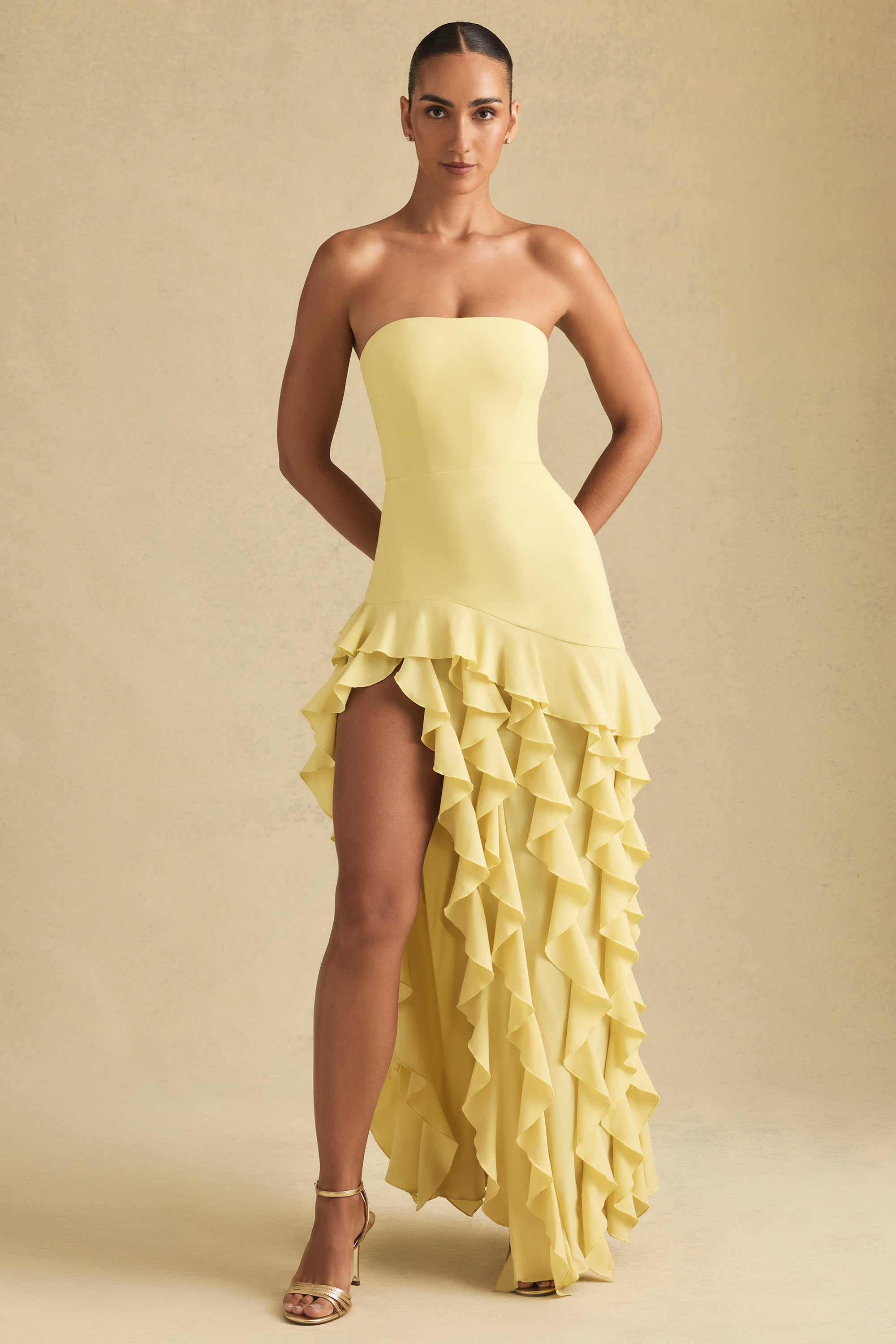 Diletta Ruffle-Trim Strapless Gown in Pastel Yellow