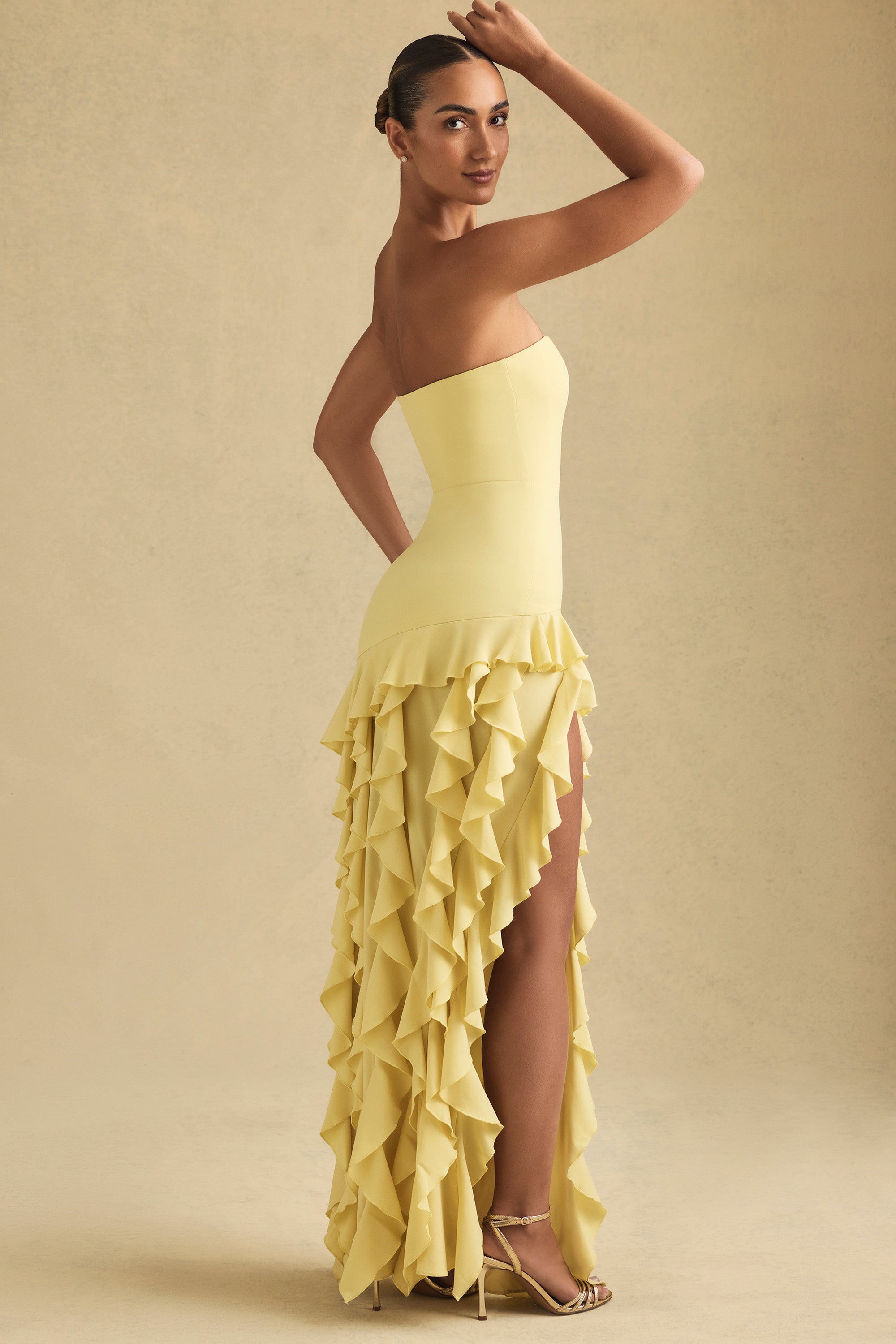 Diletta Ruffle-Trim Strapless Gown in Pastel Yellow - Image 2