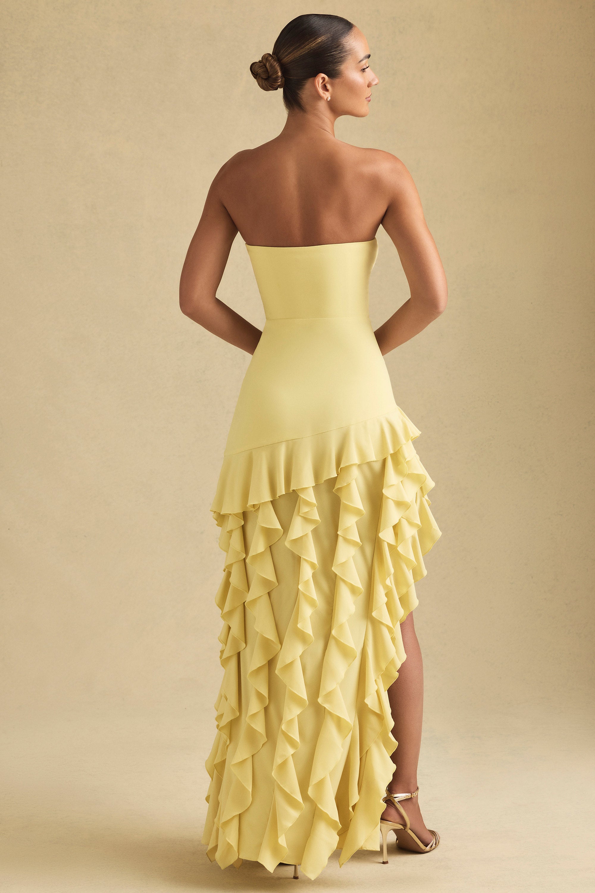 Diletta Ruffle-Trim Strapless Gown in Pastel Yellow - Image 3