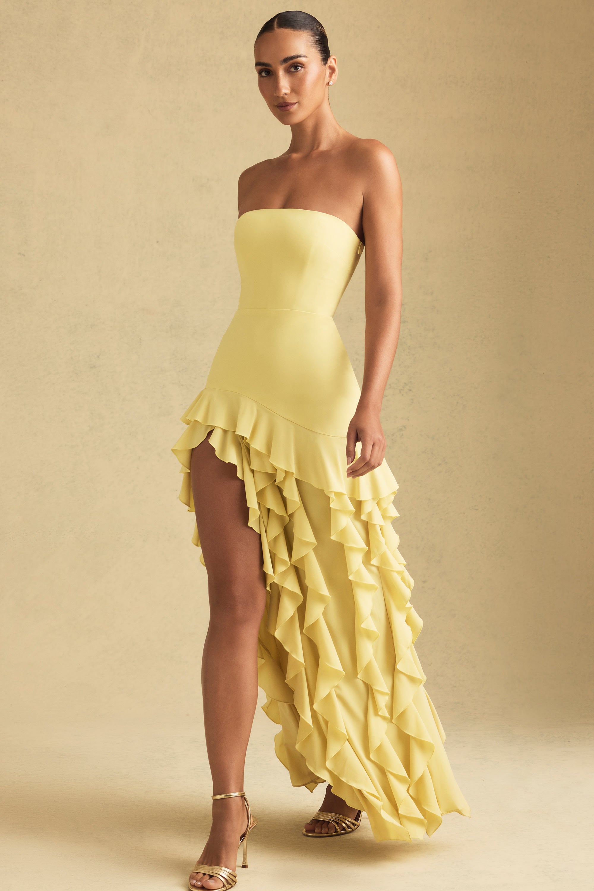 Diletta Ruffle-Trim Strapless Gown in Pastel Yellow - Image 5