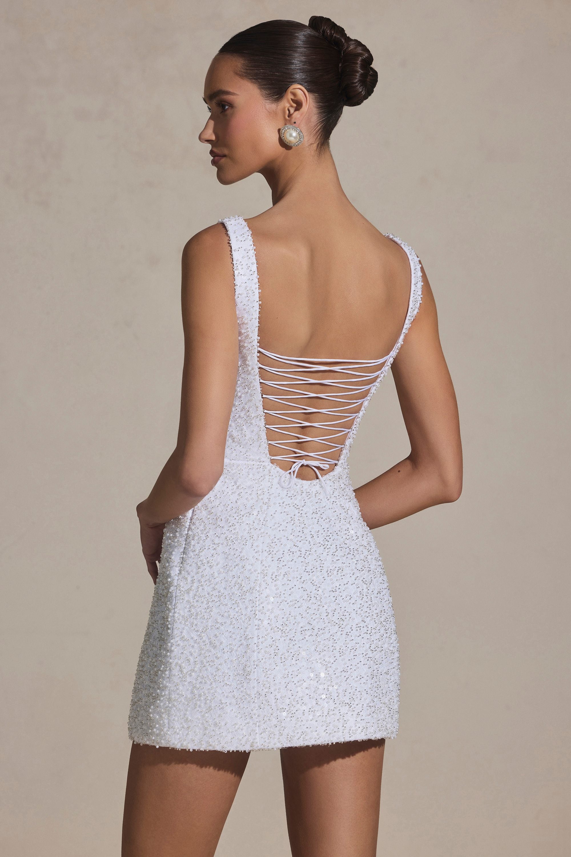 Dominique Embellished Structured A-Line Mini Dress in White - Image 2