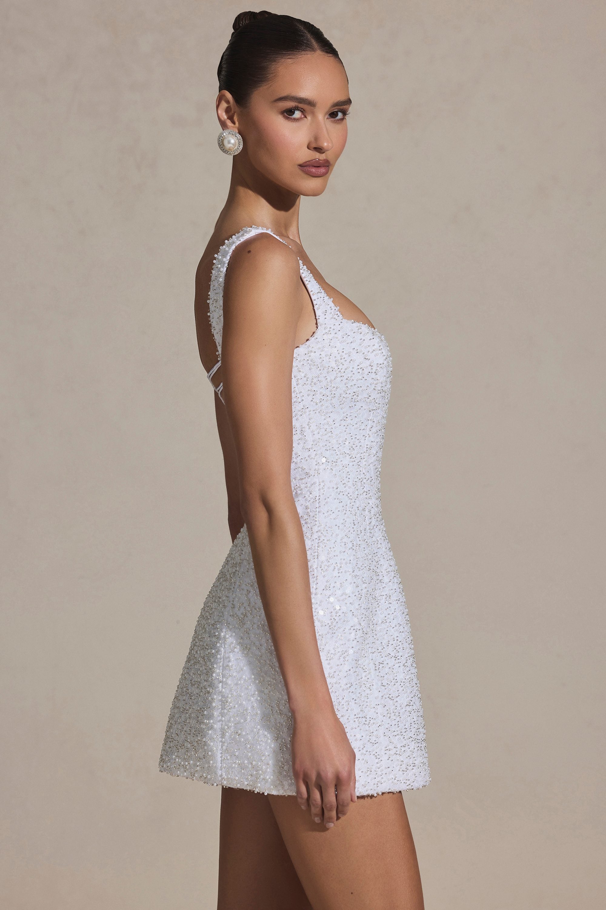 Dominique Embellished Structured A-Line Mini Dress in White - Image 3