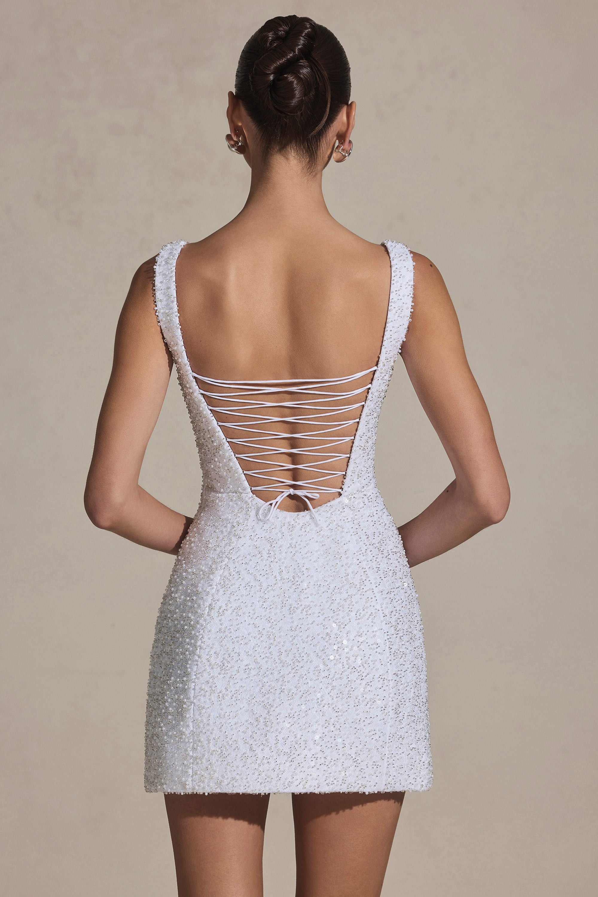 Dominique Embellished Structured A-Line Mini Dress in White - Image 7