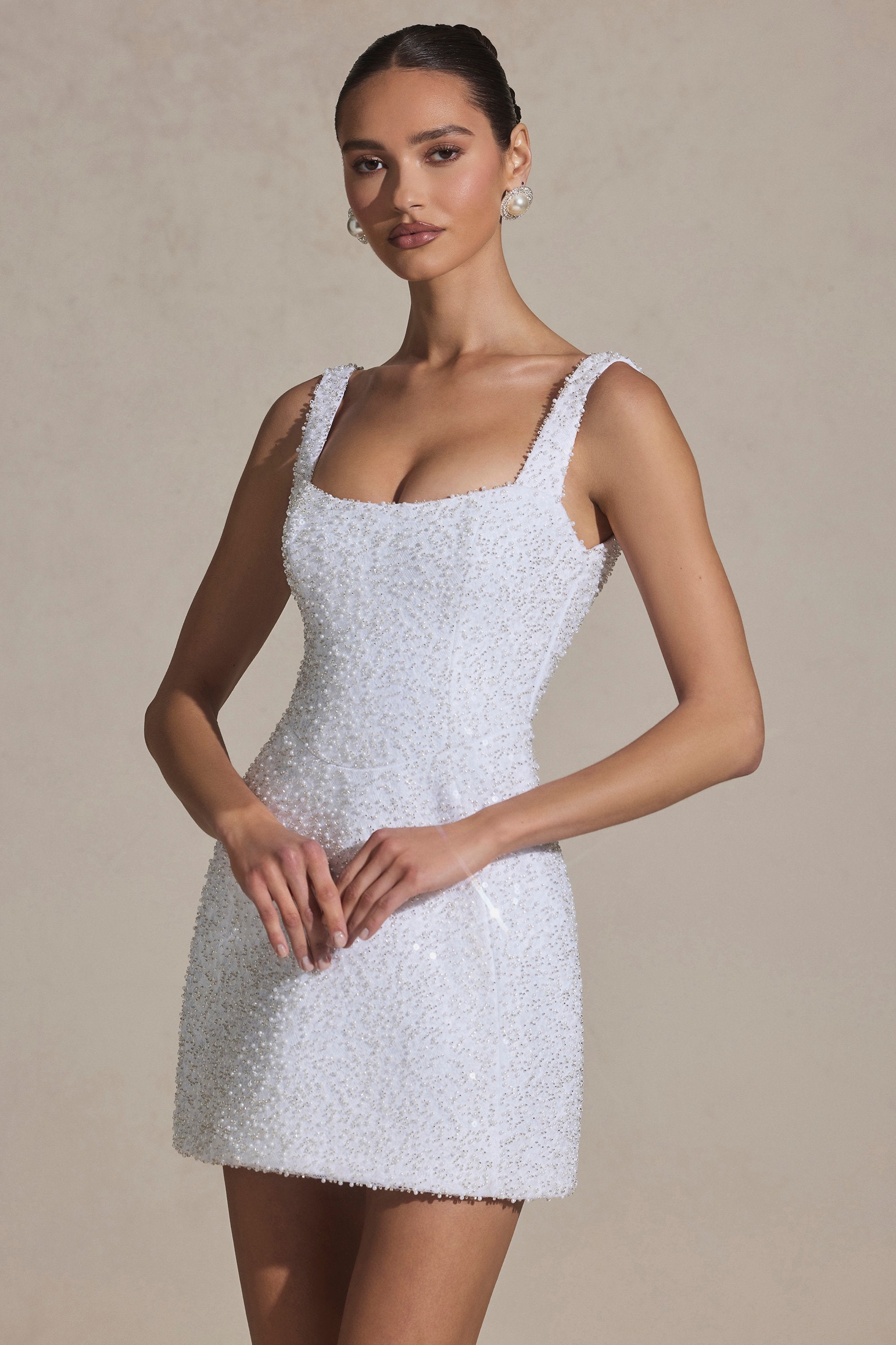 Dominique Embellished Structured A-Line Mini Dress in White - Image 8