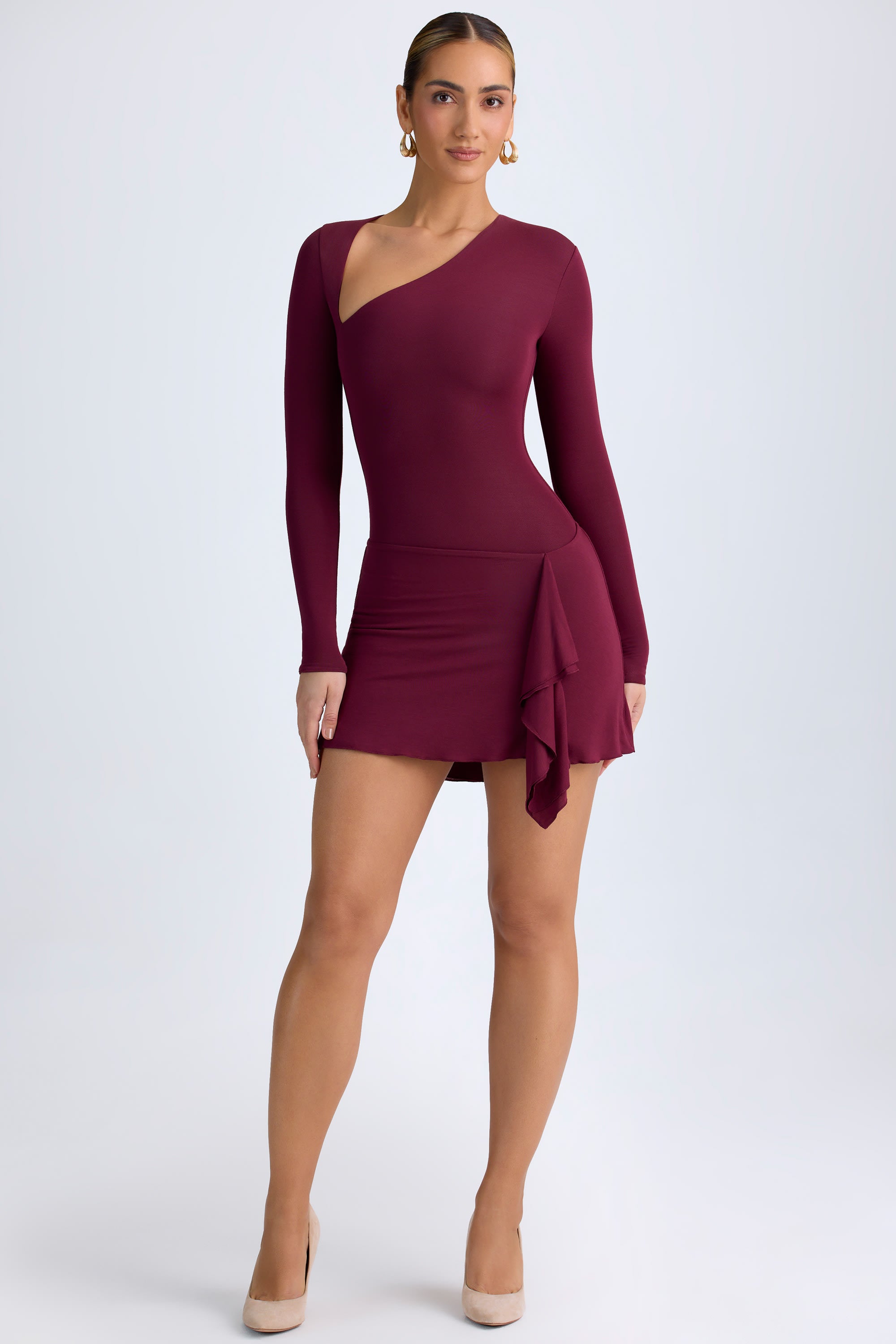 Modal Asymmetric A-Line Mini Dress in Wine Red - Image 6