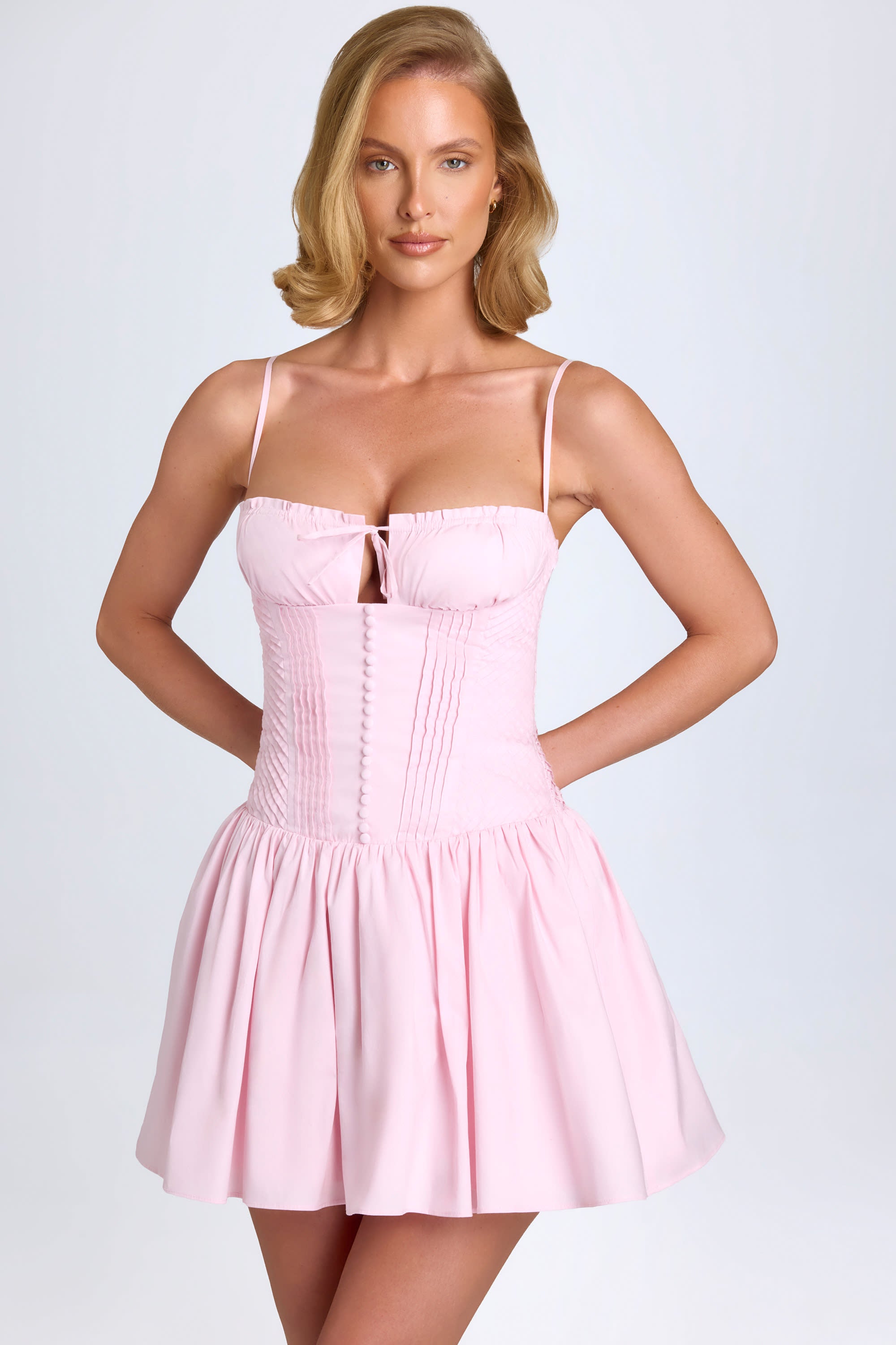 Dorothea Pintucked Shirred Mini Dress in Blush