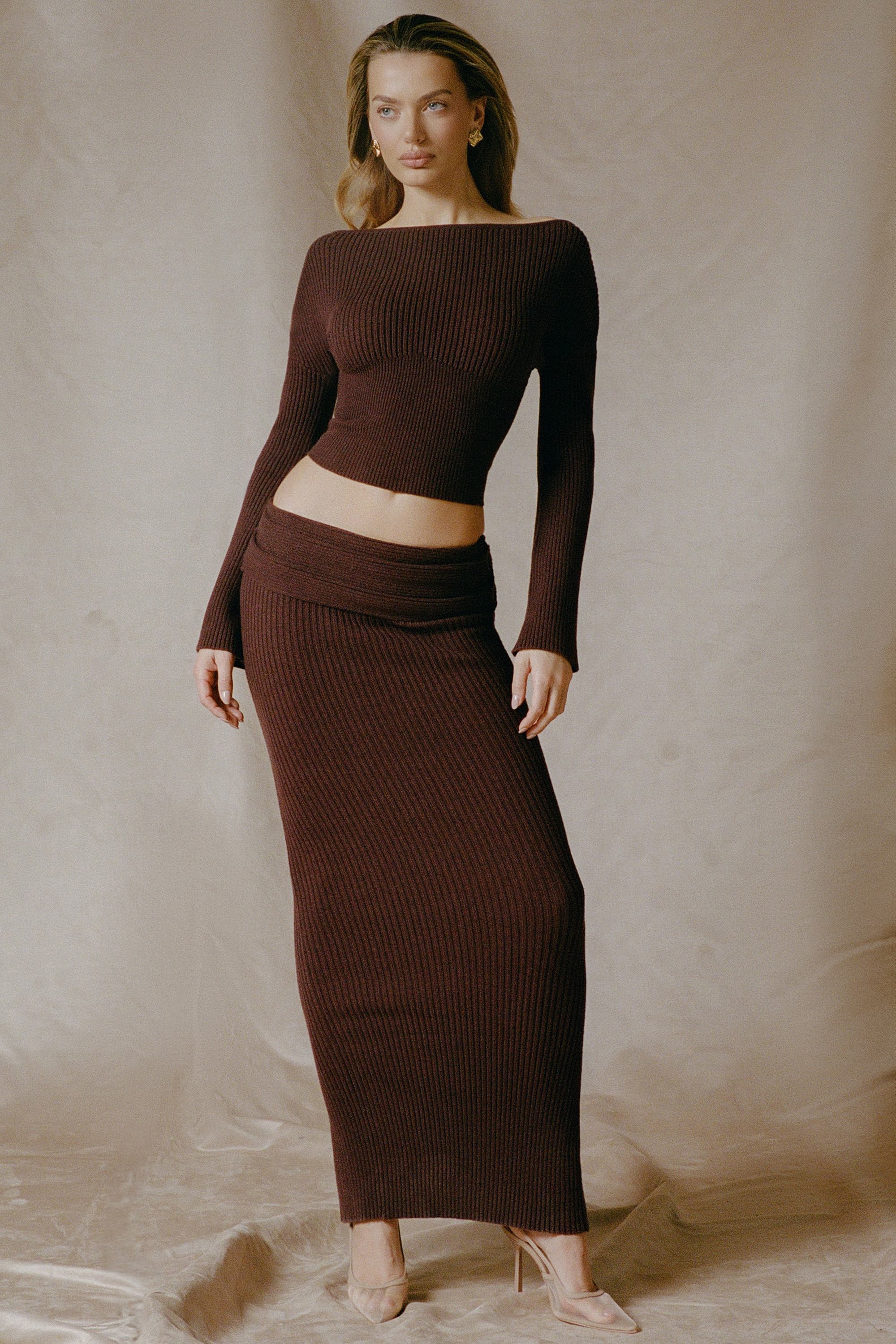 Edalene Ribbed-Knit Foldover Maxi Skirt in Espresso