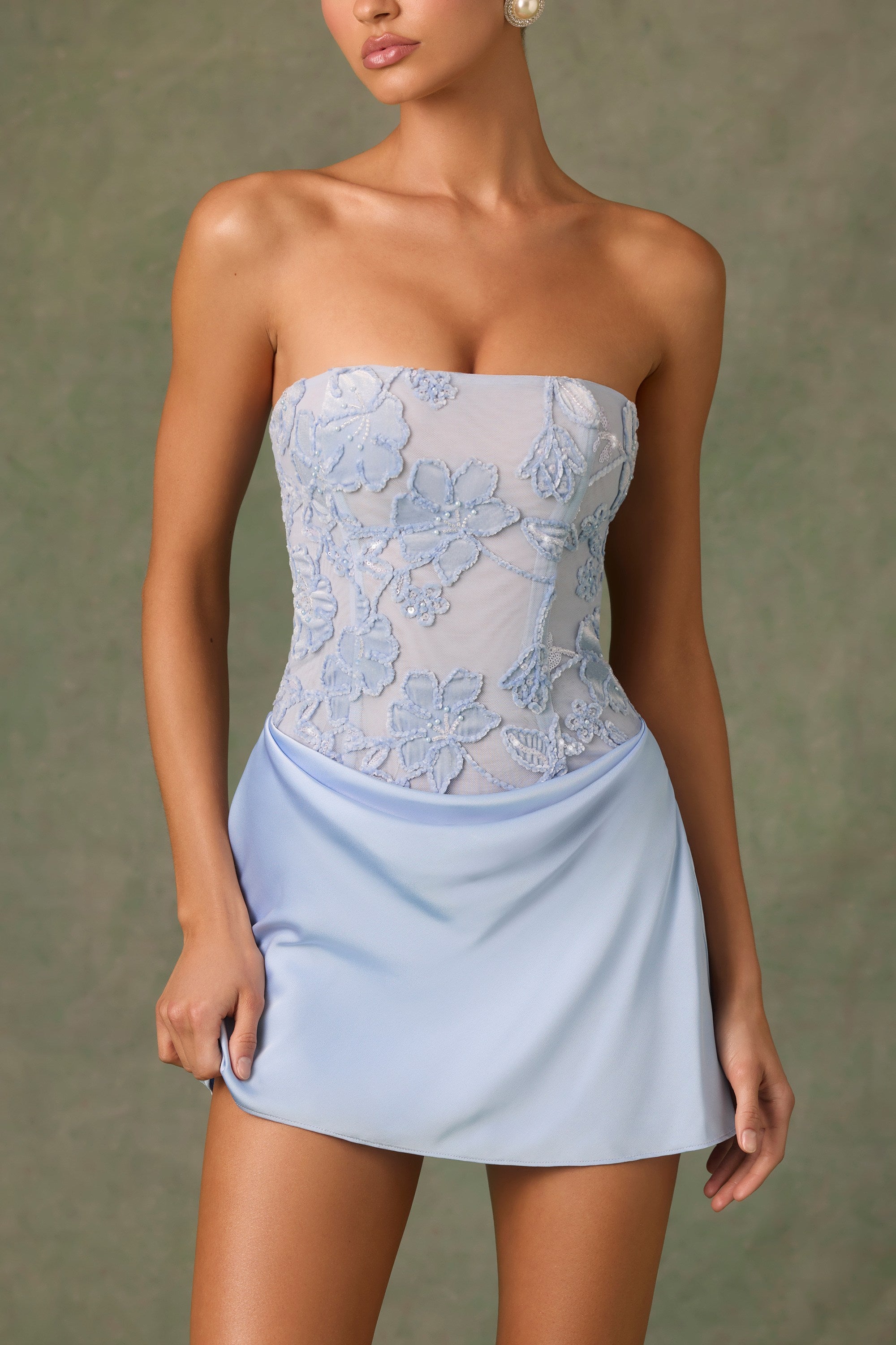Eden Embellished Draped Strapless A-Line Mini Dress in Sky Blue - Image 2