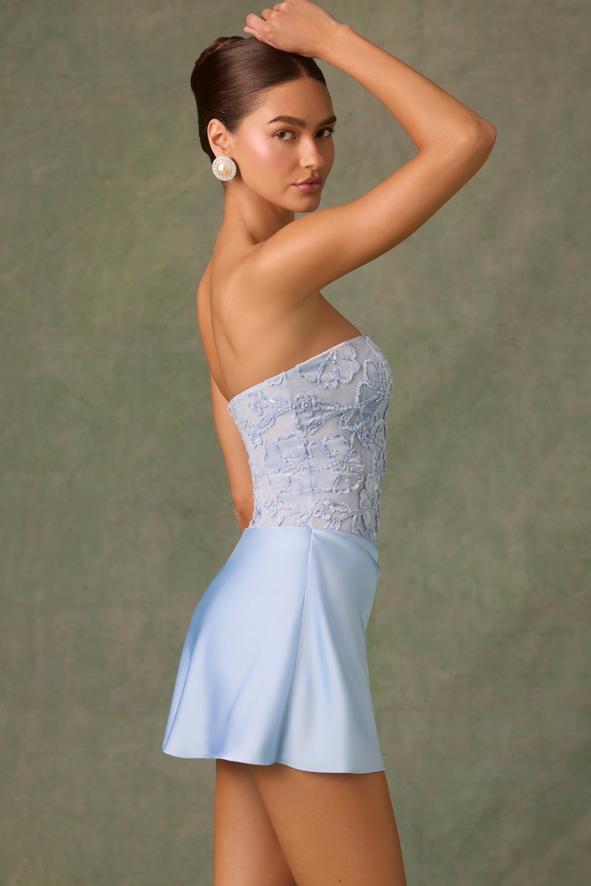 Eden Embellished Draped Strapless A-Line Mini Dress in Sky Blue - Image 4
