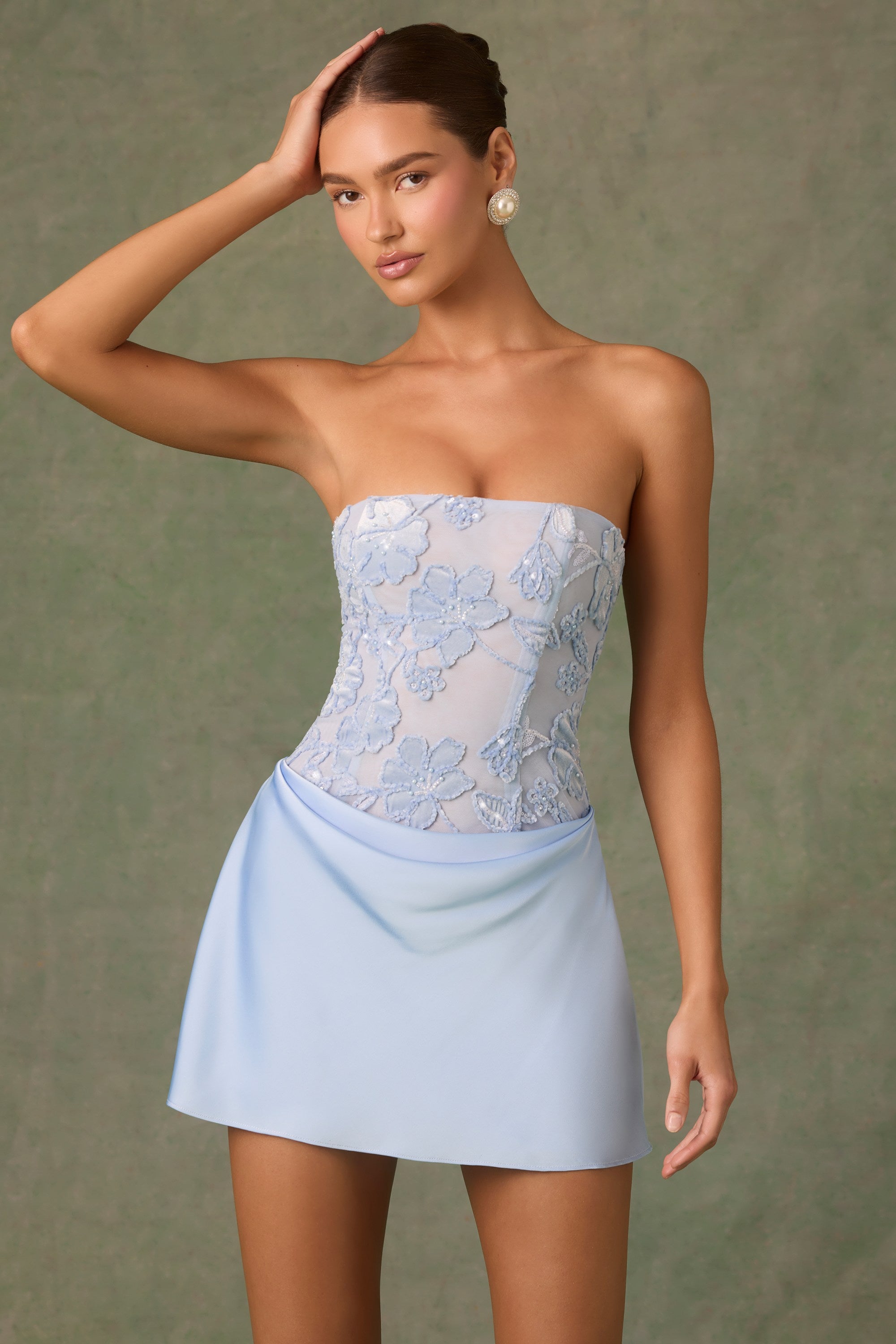 Eden Embellished Draped Strapless A-Line Mini Dress in Sky Blue - Image 7