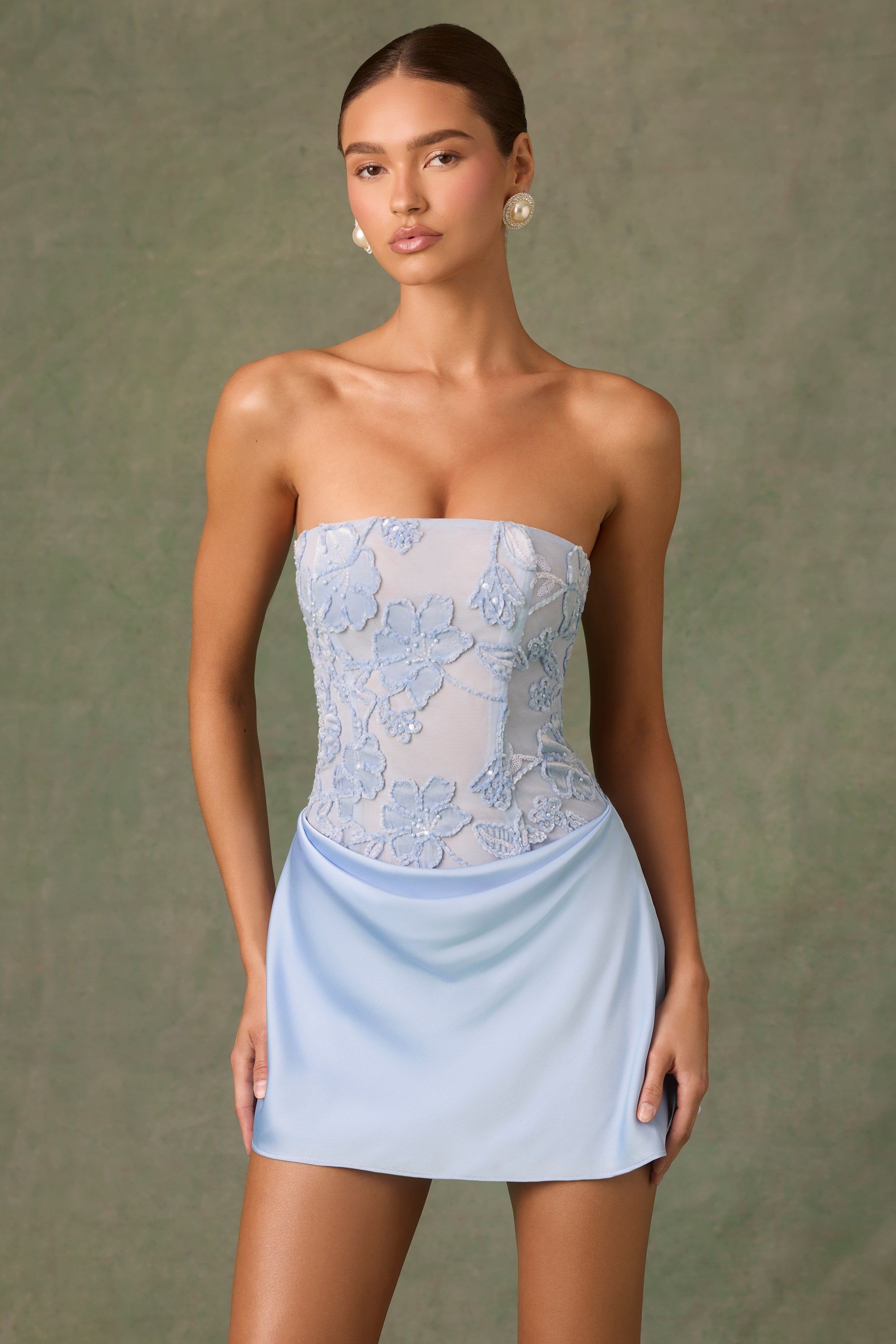 Eden Embellished Draped Strapless A-Line Mini Dress in Sky Blue - Image 8