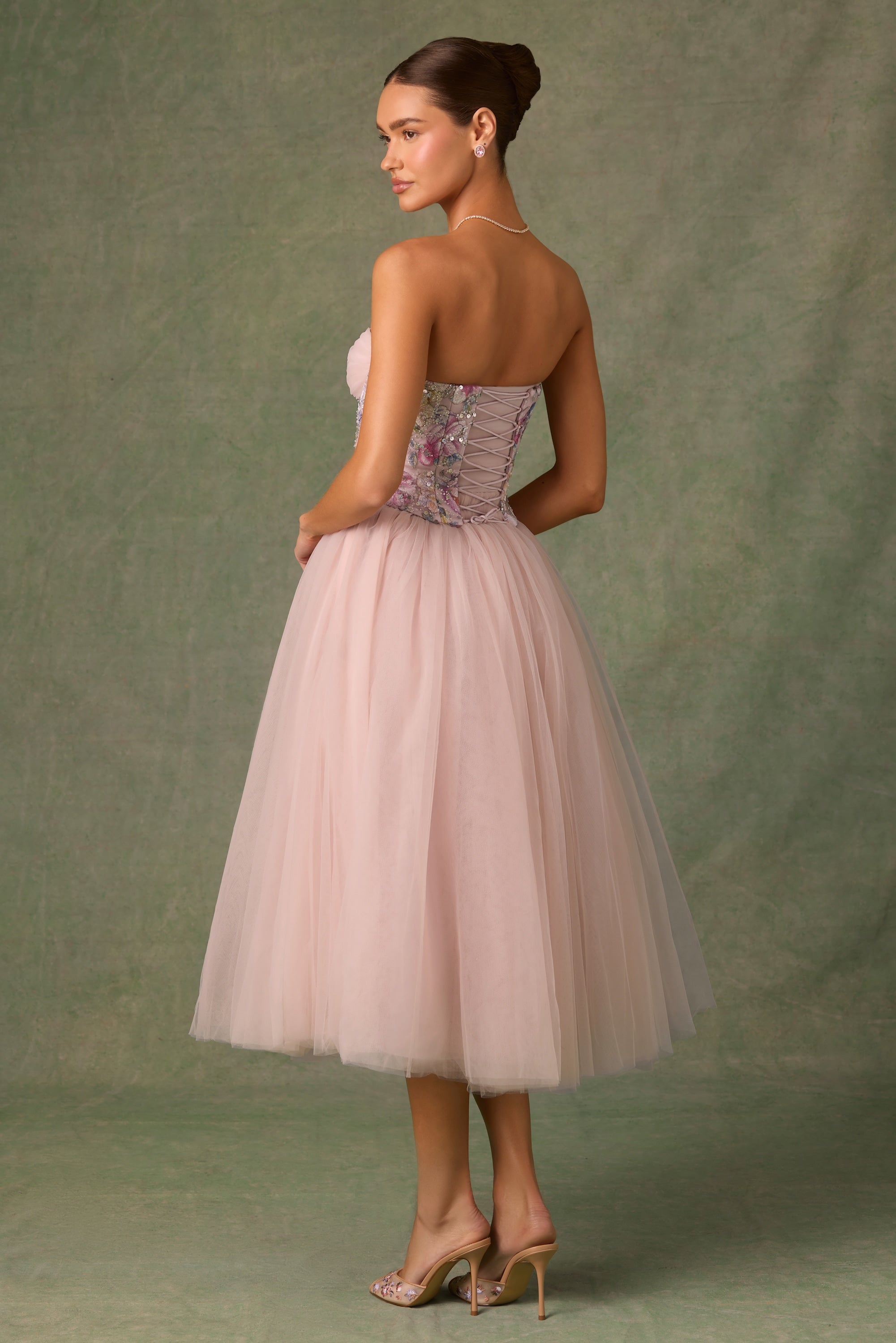 Elia Embellished Lace-Up Corset in Floral Pink - Image 3