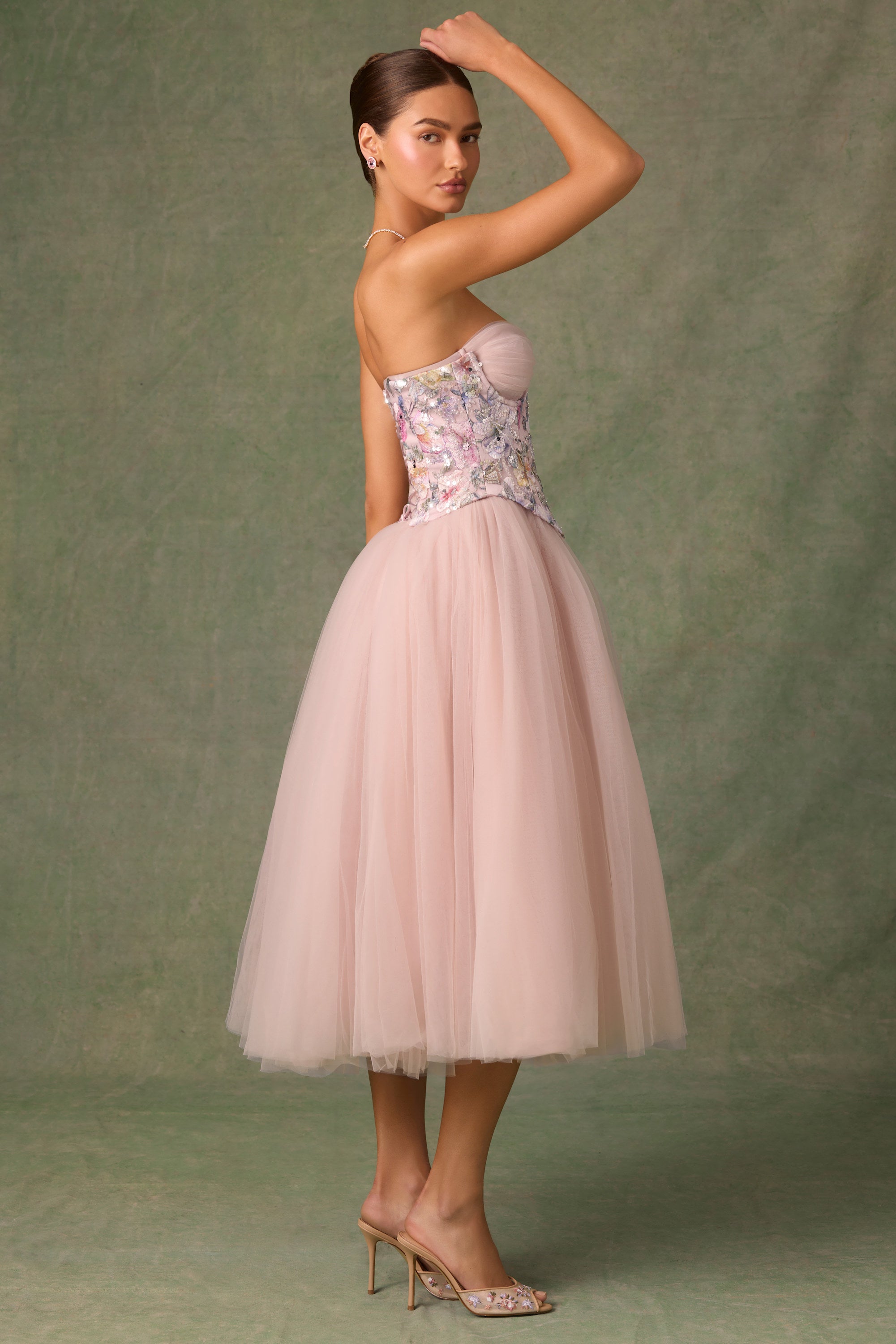 Elia Embellished Lace-Up Corset in Floral Pink - Image 4