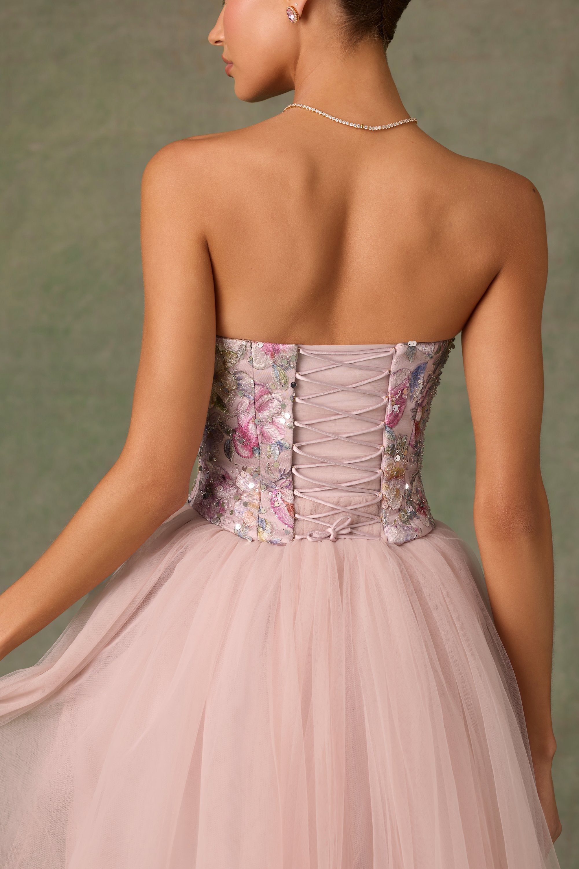 Elia Embellished Lace-Up Corset in Floral Pink - Image 5