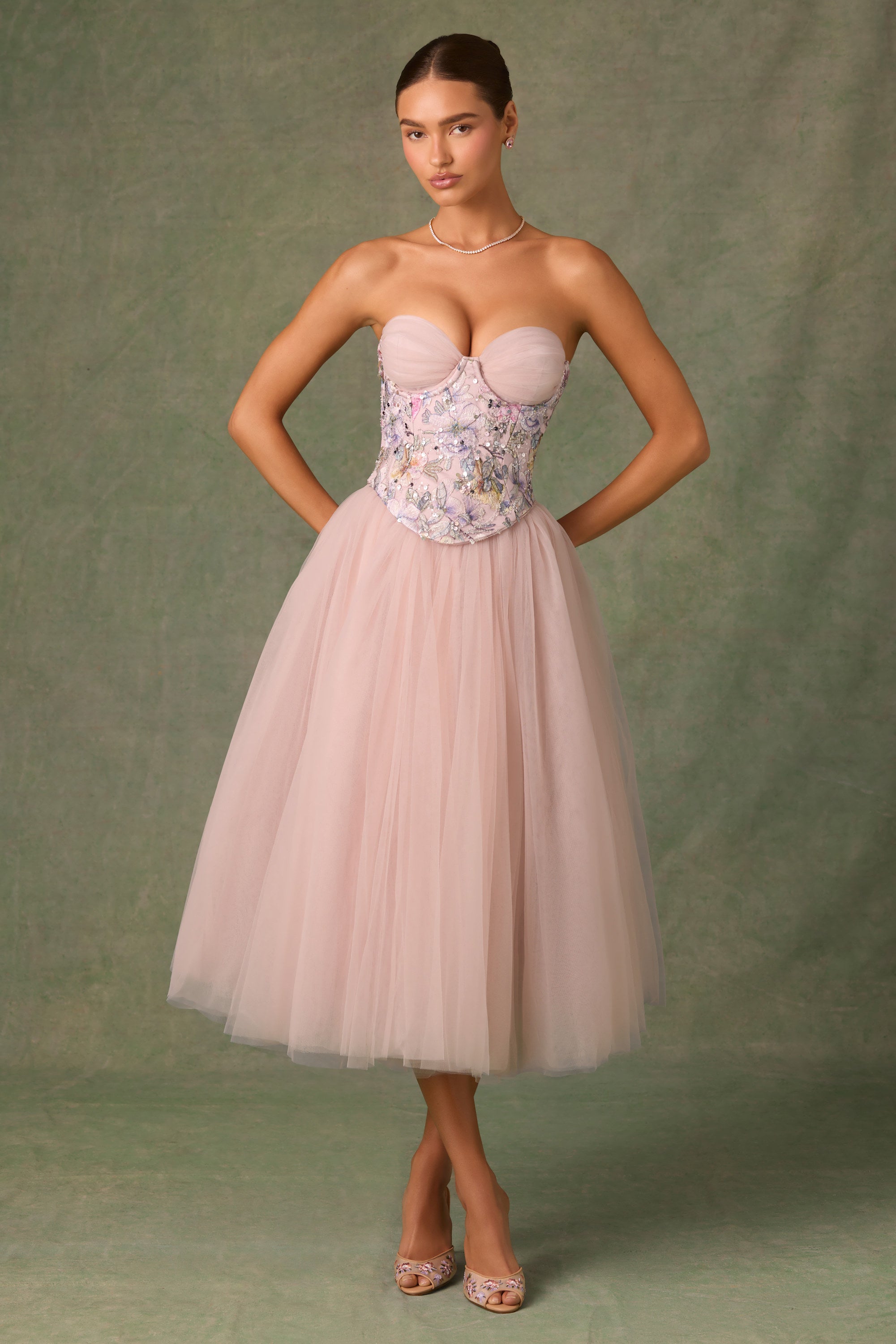 Elia Embellished Lace-Up Corset in Floral Pink - Image 6